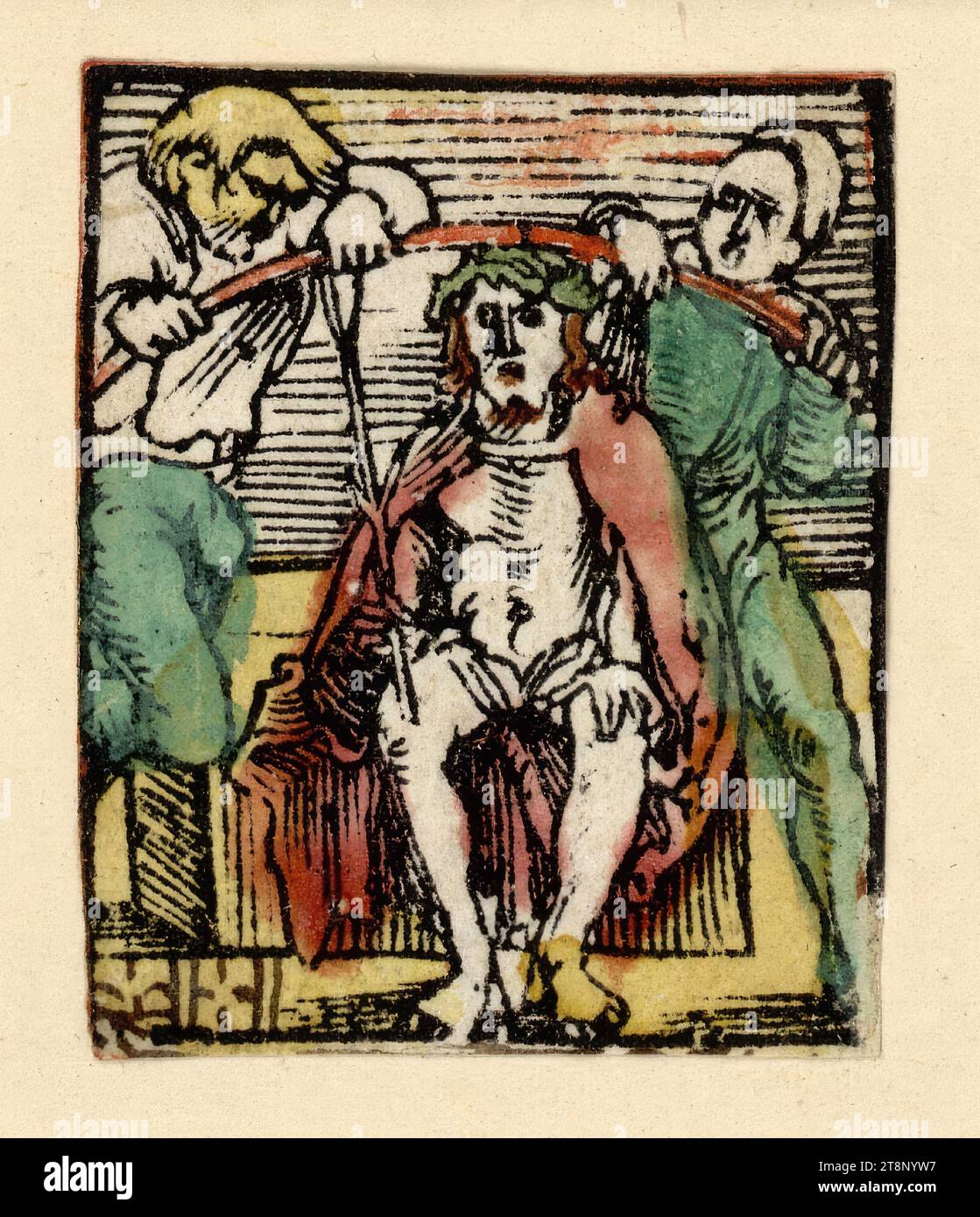 Couronnement des épines, Ulrich Pinder : The Decided gart des rosenkrantz marie, Hans Baldung appelé Grien (Schwäbisch Gmünd 1484/85 - 1545 Strasbourg), 1505, estampe, gravure sur bois, coloré, feuille : 4,4 x 3,5 cm Banque D'Images