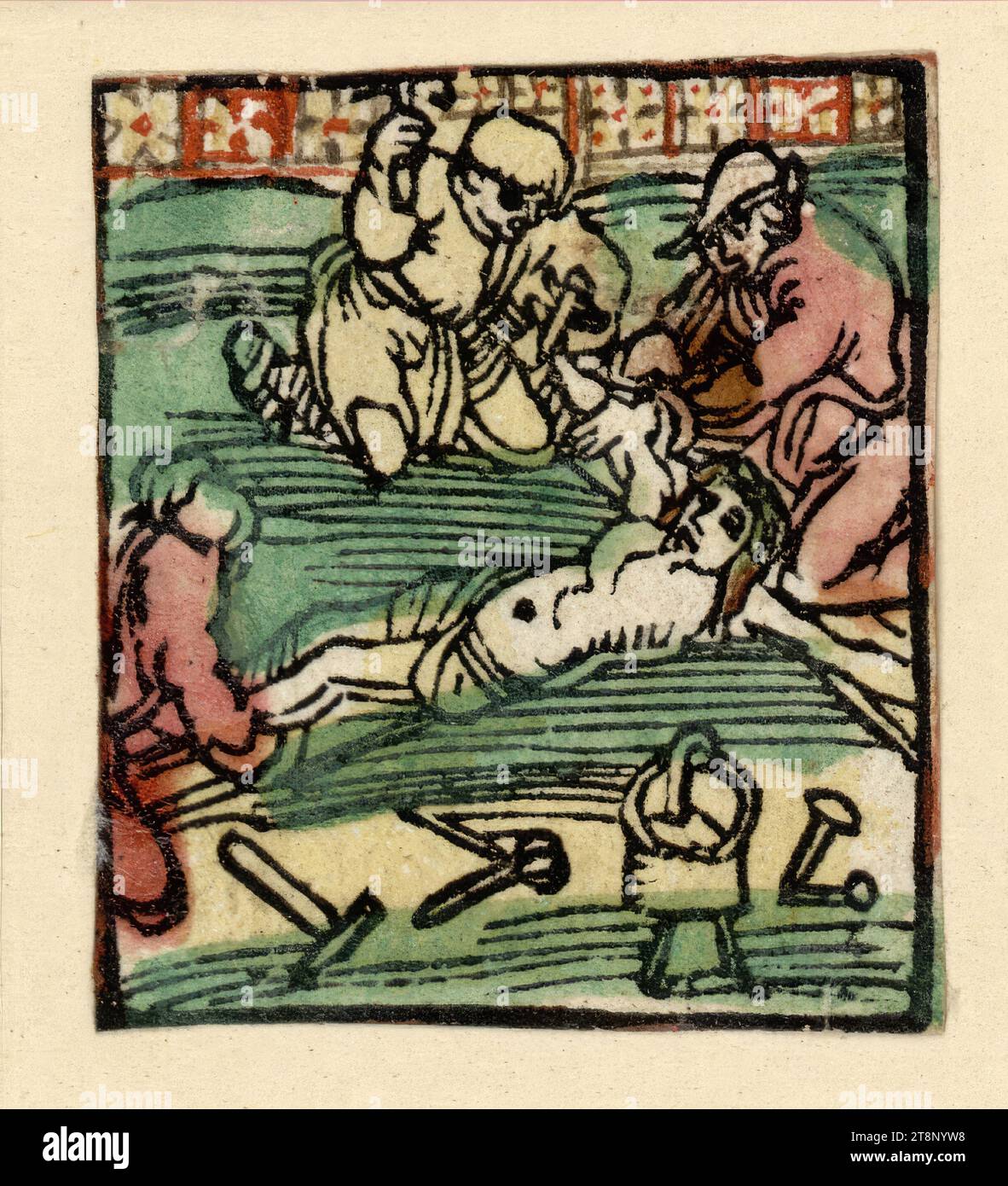 Clouage de croix, Ulrich Pinder : The decided gart des rosenkrantz marie, Hans Baldung appelé Grien (Schwäbisch Gmünd 1484/85 - 1545 Strasbourg), 1505, estampe, gravure sur bois, couleur, feuille : 4,2 x 3,7 cm Banque D'Images