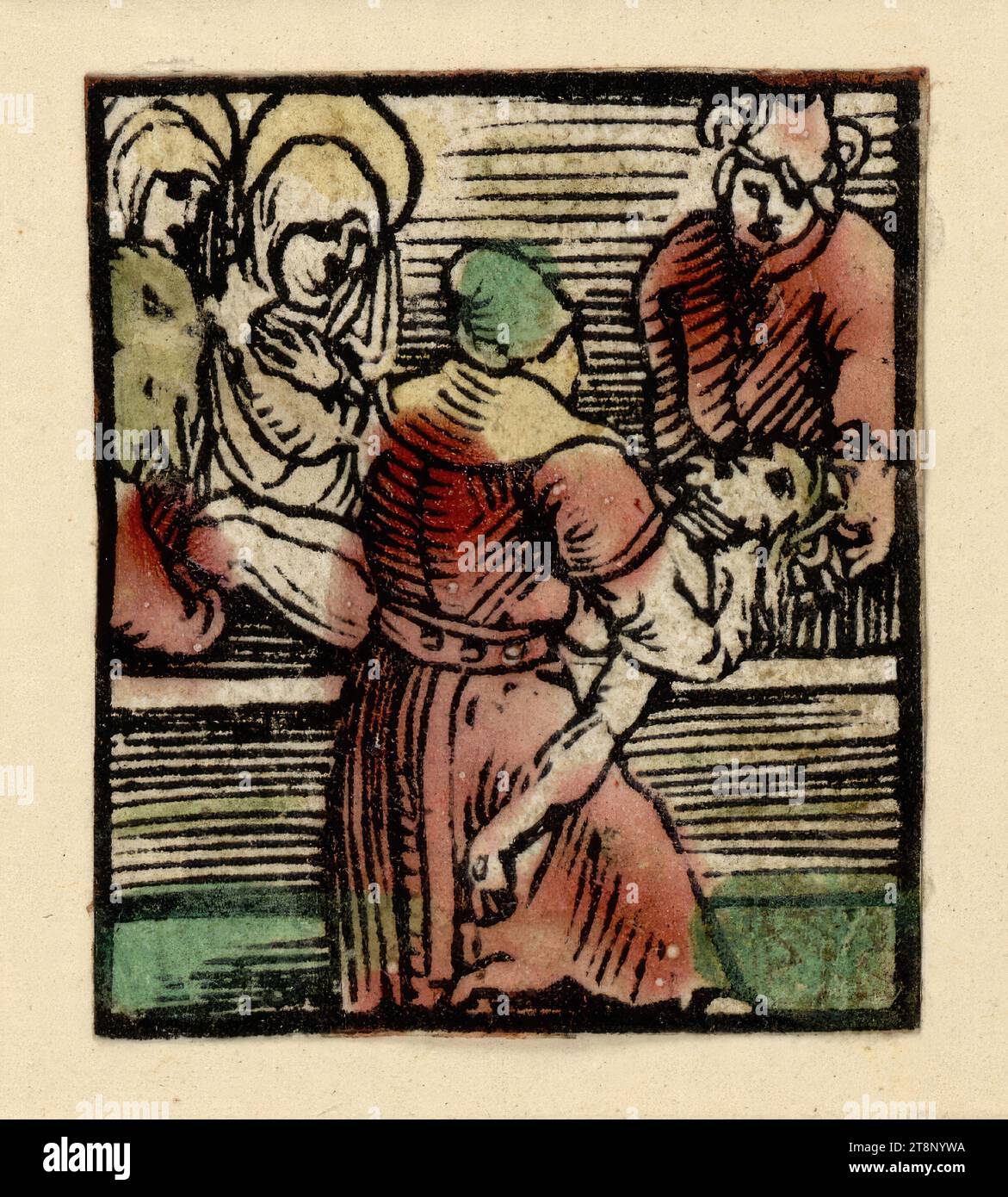 Entombment, Ulrich Pinder : le jardin décidé de rosenkrantz marie, Hans Baldung dit Grien (Schwäbisch Gmünd 1484/85 - 1545 Strasbourg), 1505, imprimé, gravure sur bois, coloré, feuille : 4,2 x 3,6 cm Banque D'Images