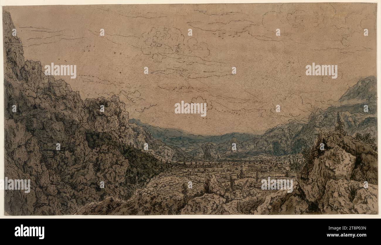 La vallée entourée de montagnes, Hercules Pietersz. Seghers (Haarlem 1589/90 - 1637/38 la Haye), avant 1638, estampe, gravure, imprimé sur lin, aquarelles ; 1e état, 10,8 x 19,3 cm Banque D'Images