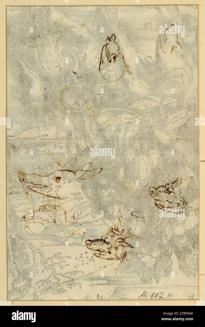 Feuille de croquis : têtes d'animaux, fort, Albrecht Dürer (Nuremberg 1471 - 1528 Nuremberg), vers 1496-1497, dessin, plume et encre en brun, feuille : 38,4 x 28,1 cm, r.r. 'M 107 b' (se réfère à la page recto Banque D'Images