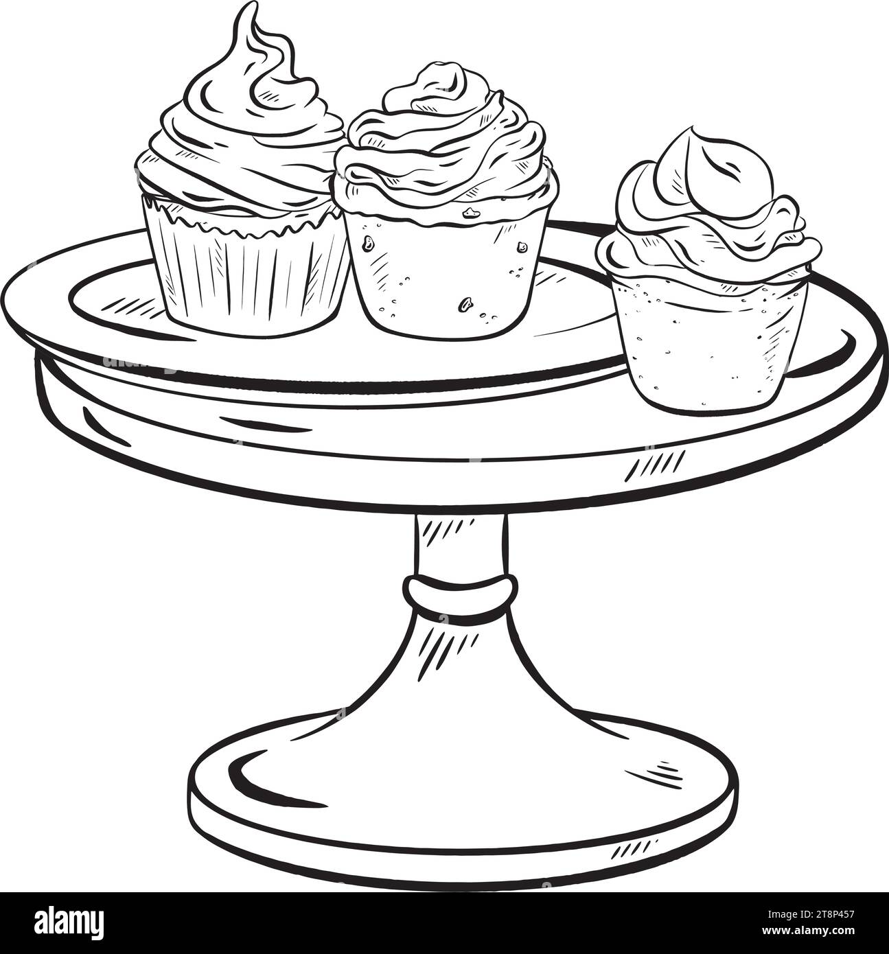 Vecteur d'encre dessiné à la main. Encre. Composition trois muffins uniques sur un support et une assiette. Délicieux cupcakes pour un petit déjeuner ou un brunch sucré. pour les boulangeries Illustration de Vecteur