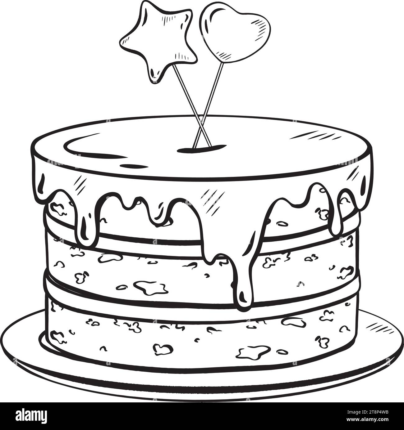 Vecteur d'encre dessiné à la main. Délicieux gâteau glacé placé sur un support, sur une assiette. Garnitures en forme de coeur et d'étoile. Couches tendres, garniture savoureuse - crème Illustration de Vecteur