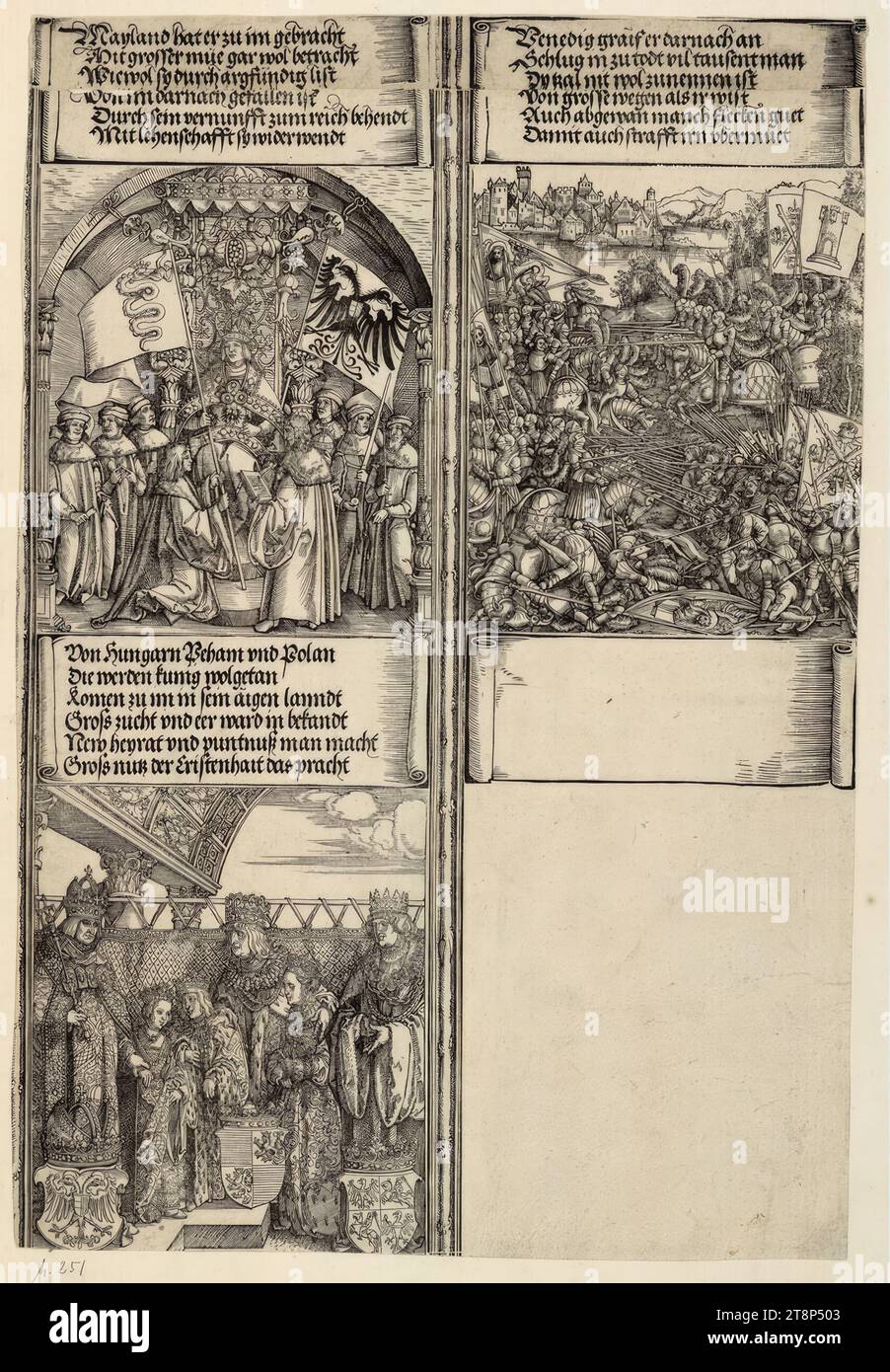 Mandat de Massimiliano Sforza à Milan en 1512, Guerre de Venise 1508-1510, double mariage à Vienne en 1515 (Arc d'honneur de l'empereur Maximilien Ier, représentations historiques, C' 2,8, 9, 11), l'Arc d'honneur de l'empereur Maximilien Ier, Albrecht Dürer (Nuremberg 1471 - 1528 Nuremberg), Hans Springinklee (Nuremberg 1490/95 - vers 1540 Nuremberg), 1515, estampe, gravure sur bois Banque D'Images