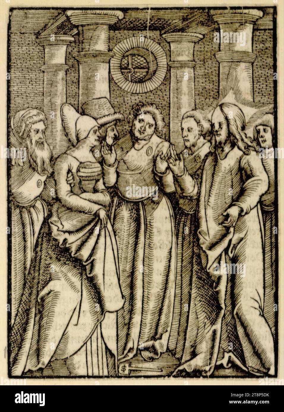 Christ et l'adultère dans le temple, Teutsch Ewangeli VND Epistel, Haguenau 1516, Maître EST à la pelle (actif sur le Rhin supérieur dans le premier tiers du 16e siècle), 1516, estampe, gravure sur bois, impression de type verso, feuille : 14,2 x 10, 3 cm Banque D'Images