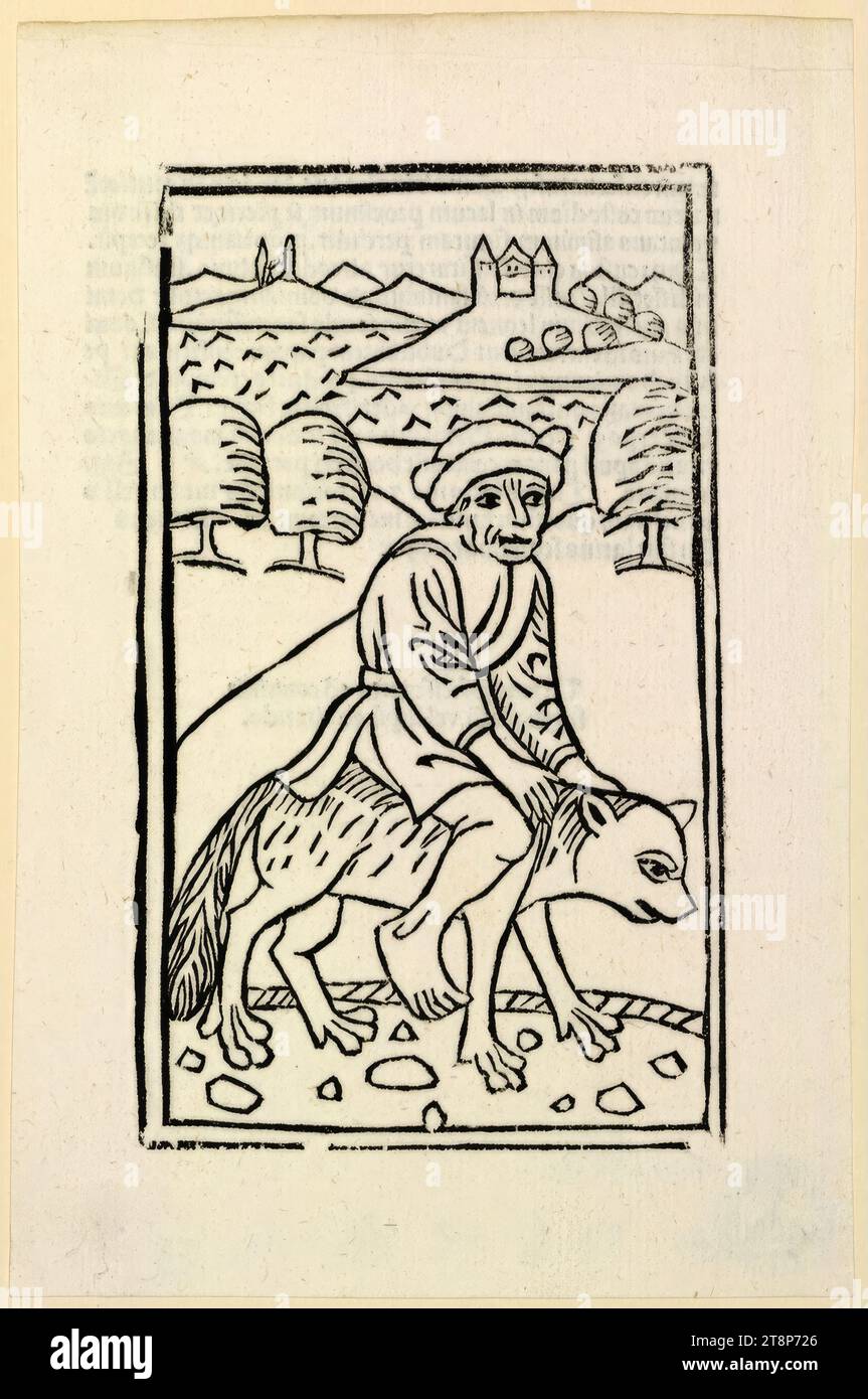 Sorcière chevauchant un loup, illustration pour 'de lamiis et phytonicis mulieribus', Reutlingen, 1489, Michael Greyff (Reutlingen 1445/1450 - 1512 Allemagne), 1489, impression, gravure sur bois, feuille : 17,1 x 11,3 cm Banque D'Images