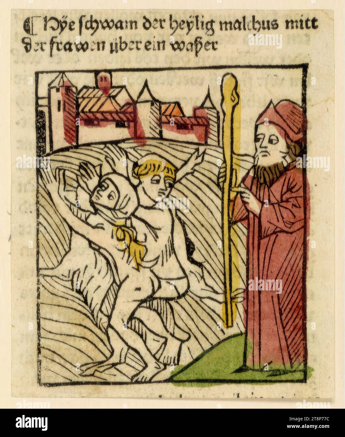 Saint Malchus nageant sur un plan d'eau avec des femmes, illustration de 'la vie des Saints ancienss' par Sophronius Eusebius Hieronymus, Augsbourg, édition Peter Berger, 21 mai 1488, Peter Berger (actif 1486 - 1489 à Augsbourg), 1488, gravure, gravure sur bois, couleur, feuille : 8,8 x 7,4 cm Banque D'Images