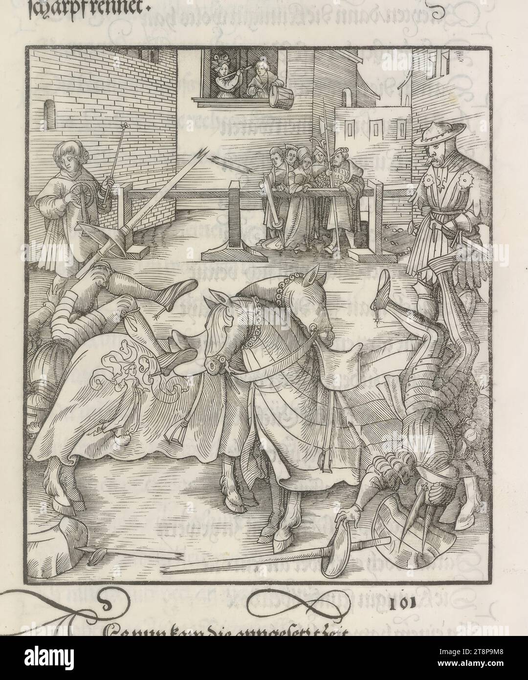 Theuerdank : image 101 - dans cette course, Theuerdank et son adversaire tombent de leur cheval, le 'Theuerdank' de l'empereur Maximilien I, Leonhard Beck (Augsbourg vers 1475/80 - 1542 Augsbourg), 1517, impression, gravure sur bois, feuille : 34, 7 x 24,3 cm Banque D'Images