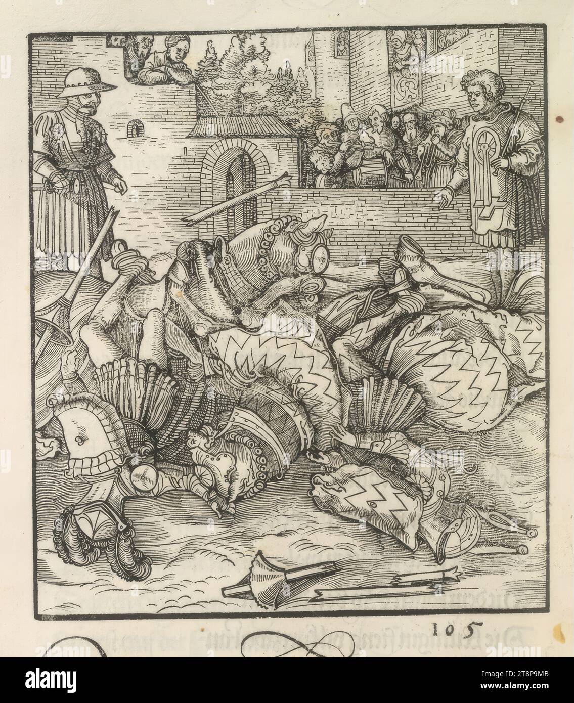 Theuerdank : image 105 - la chute de Theuerdank et son adversaire, qui sont couchés sur le sol comme dans un faible, le 'Theuerdank' de l'empereur Maximilien Ier, Hans Schäufelin (Rhin supérieur vers 1482/83 - 1539/40 Nördlingen), 1517, impression, gravure sur bois, feuille : 34,7 x 24.3cm Banque D'Images