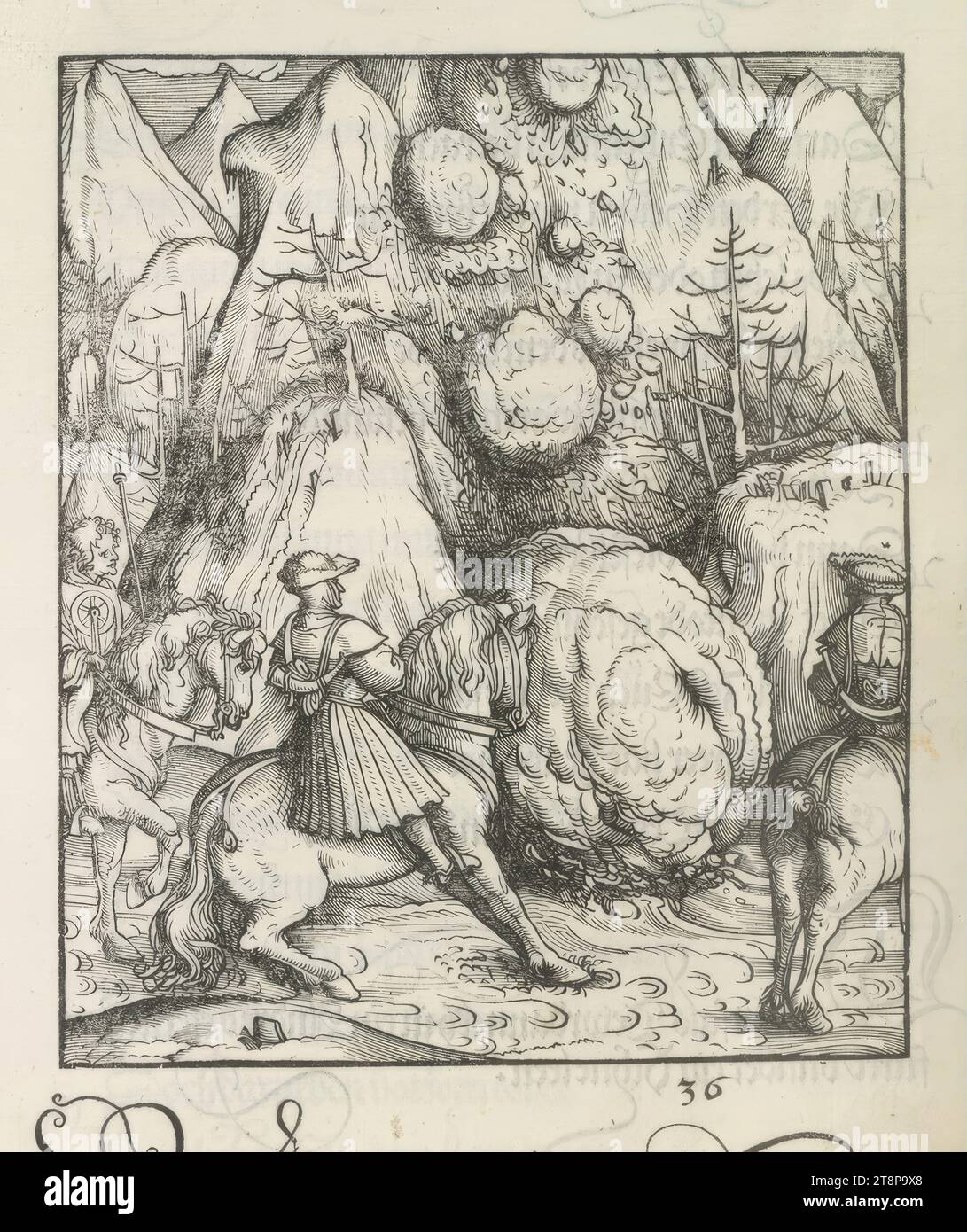 Theuerdank : image 36 - en perspective, des avalanches de neige surdimensionnées roulent vers Theuerdank, le 'Theuerdank' de l'empereur Maximilien Ier, Hans Burgkmair d. Ä. (Augsburg 1473 - 1531 Augsburg), 1517, impression, gravure sur bois, feuille : 34,7 x 24,3 cm Banque D'Images