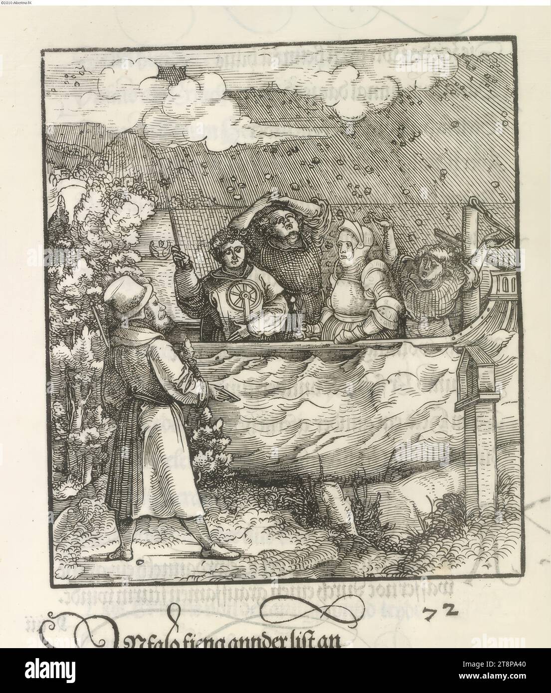Theuerdank : image 72 - Une tempête de grêle amène Theuerdank et les marins qui l'accompagnent dans le bateau à la «détresse de l'eau», le «Theuerdank» de l'empereur Maximilien Ier, Hans Schäufelin (Rhin supérieur vers 1482/83 - 1539/40 Nördlingen), Leonhard Beck (Augsburg vers 1475/80 - 1542 Augsburg), 1517, impression, gravure sur bois, feuille: 34,7 x 24,3 cm Banque D'Images