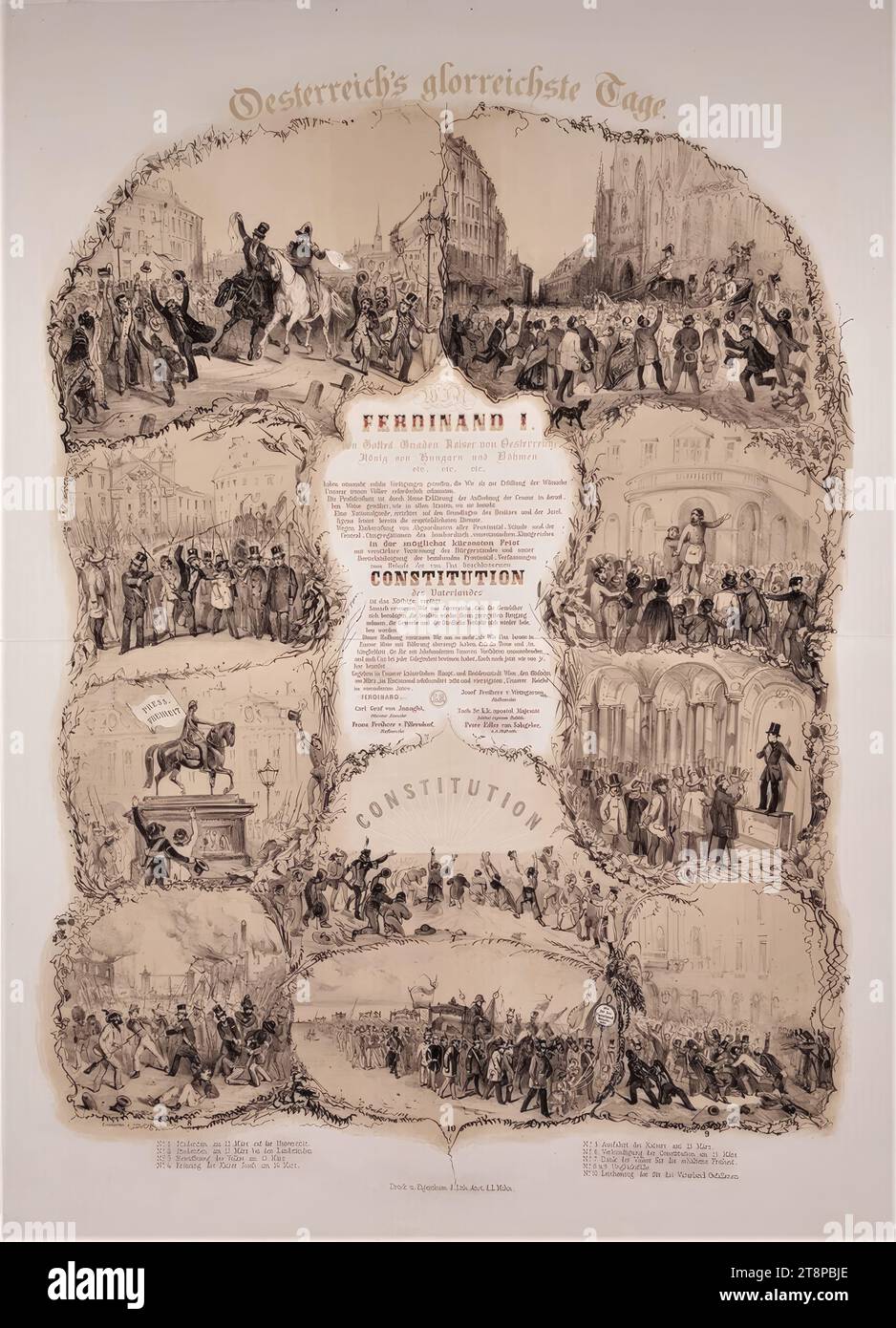 Page commémorant les événements de la Révolution de mars à Vienne et l'établissement de la Constitution le 15 mars 1848, 1848, estampe, lithographie avec plaque de ton et espaces blancs ainsi que texte en couleur, sur papier, feuille : 71 × 51,4 cm Banque D'Images