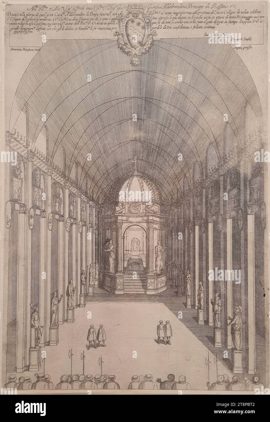Begräbnisfeier mit Trauergerüst für Kardinal Pietro Aldobrandini in der Kirche Santa Maria sopra Minerva in ROM am 10. Février 1621, Aus : Giovanni Giacomo de Rossi (Herausgeber), Libro de catafalchi, tabernacoli. Avec divers dessins de portes françaises et autres ornements architecturaux, ROM 1670, 1670 (1621?), Druckgraphik, Kupferstich auf papier, Blatt : 34,4 × 23,6 cm Banque D'Images