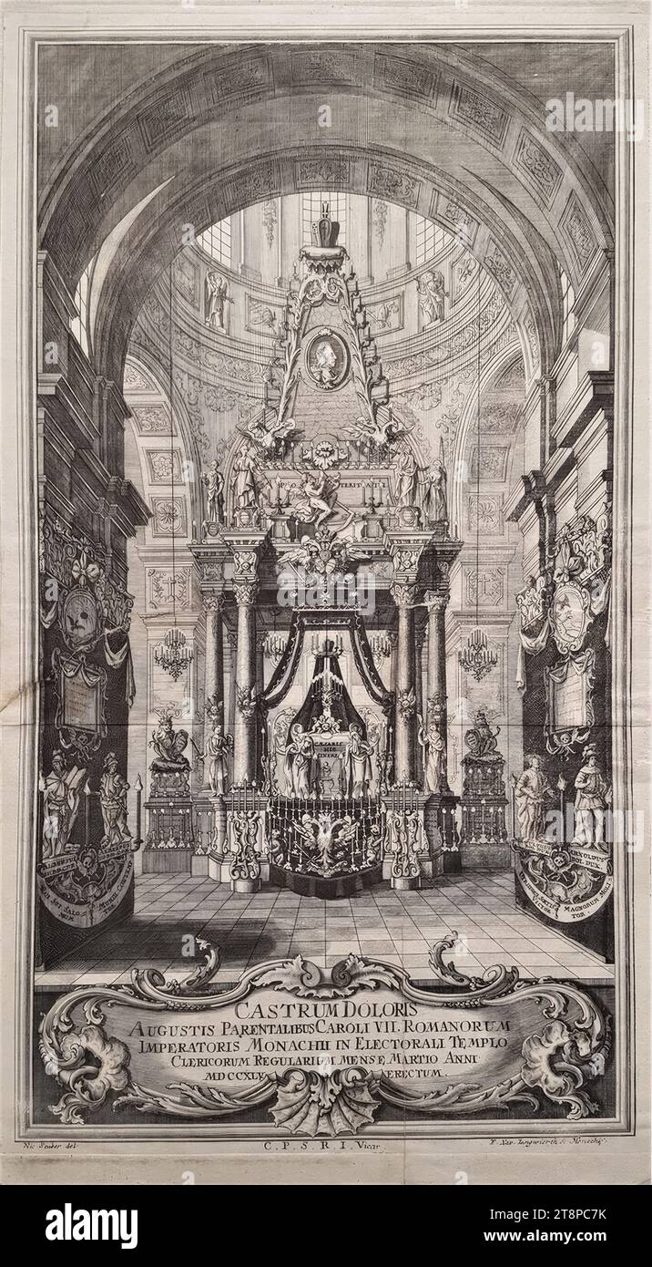 Échafaudage funéraire pour l'empereur Karl VII dans la Theatinerkirche à Munich le 1745 mars 1745, impression, gravure sur cuivre et gravure sur papier, feuille : 45,7 × 25,2 cm, [M.U.] 'C. P.S.R.I. Vicaire Banque D'Images