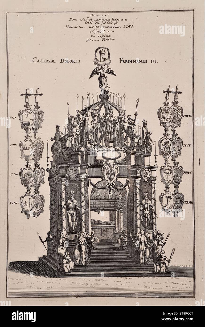 Trauergerüst für Kaiser Ferdinand III in der Augustinerkirche in Wien vom 17. bis 19. Mai 1657, Aus : Johann Georg Schleder, Theatrum Europaeum, BD.7 (1651-1657), Frankfurt am main, Matthäus Merians Erben, 1663, 1663, Druckgraphik, Kupferstich auf papier, feuille : 31,8 × 19,8 cm, [M.o.] 'Baruch. 5 v. 3 Dieu montrera sa splendeur en vous à tous ceux qui sont sous le ciel car votre nom vous sera donné par DIEU dans l'éternité paix de Justice | et honneur de la piété Banque D'Images