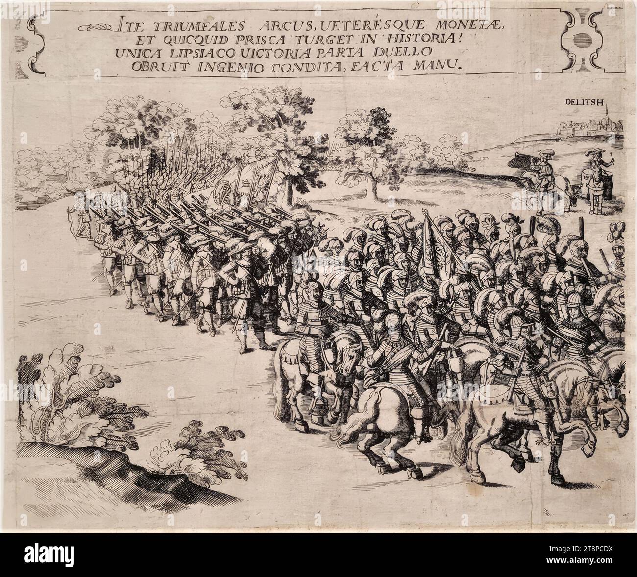 Procession triomphale allégorique du roi suédois Gustave II Adolphe à l'occasion de sa victoire à la bataille de Breitenfeld le 17 septembre 1631 - feuille 1, 'Triomphe sur le magnifique et presque inimaginable Victori, qui a été commandé par le seigneur des armées, les héros chrétiens les plus louables, les princes les plus translucides, les plus puissants | et messieurs, Hern Gustvo Adolpho, les Suédois, Goths et Wends roi, les grands-ducs en fin(n)terre si bien aussi M. Johan : Geörgen Hertcult de Saxe, Deß H : ROM : Maréchaux héréditaires impériaux Banque D'Images