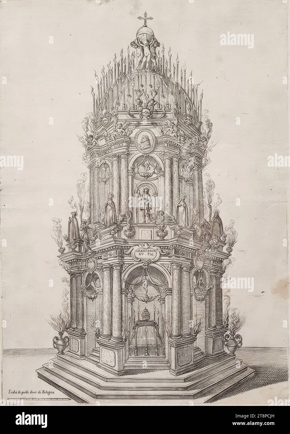 Structure funéraire pour le pape Grégoire XV Dans la cathédrale de San Pietro à Bologne le 24 juillet 1624, de : Giovanni Luigi Valesio, Apparato funebre dell' anniversario à Gregorio XV Celebrato à Bologne à XXIV. Di luglio M.DC.XXIV., Bologne, Vittorio Benacci, 1624, 1624, impression, gravure sur papier, feuille : 39,2 × 28,2 cm Banque D'Images