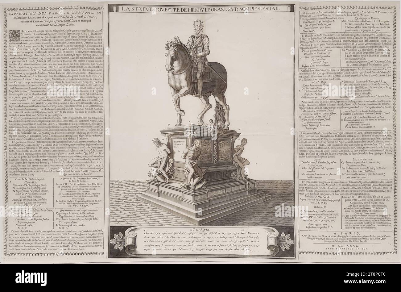Reiterstandbild des Königs Heinrich IV Von Frankreich in Paris, 1640, Kupferstich und Text in Typendruck auf papier, Blatt : 78,8 × 51,5 cm, [M.U.] 'A LA REYNE | Grande Reyne égale à ce Grand Rey, c'est à travers vous que la Lys fleurit à nouveau; si votre belle Florence | chérissez tellement notre belle Fleur, s'il vous plaît ne dédaignez pas ce portrait au crayon du portrait de l'obiect unique de votre être | âme : l'un vous a été donné, l'autre est deub à vous, car nul autre que vous n'en est capable. Bronze | va bien éterniser sa mémoire dans les siècles Banque D'Images