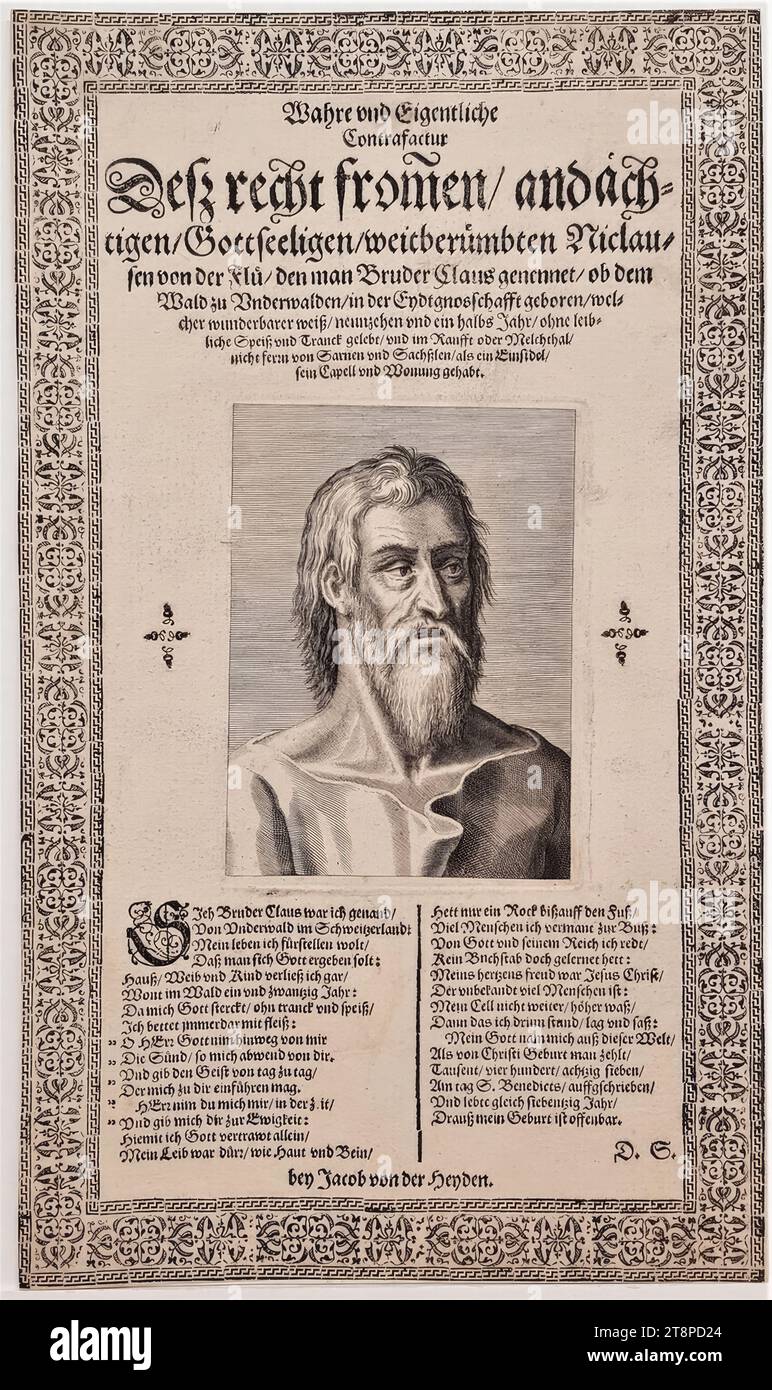 Portrait de Saint Nikolaus von der Flüe, vers 1620, estampe, gravure sur cuivre (portrait), gravure sur bois (bordure décorée) et impression typographique (texte) sur papier, feuille : 26,7 × 15,7 cm, texte à deux colonnes au-dessous du portrait de Jakob Sudermann Banque D'Images