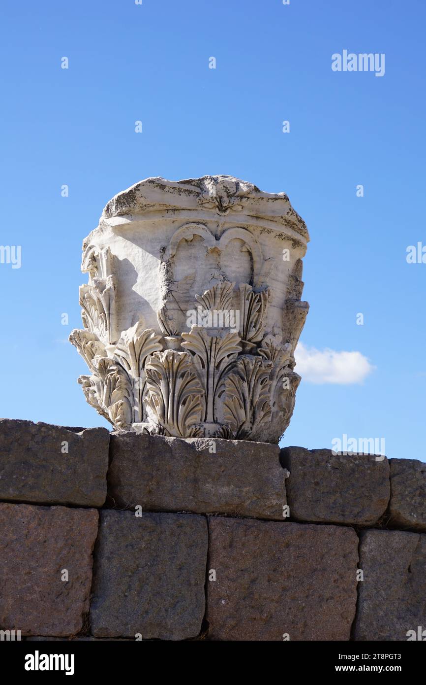 Bergama, située dans la province d'Izmir, dans l'ouest de la Turquie, est célèbre pour son coton, son or et ses tapis exquis. Autrefois le noyau culturel de Pergame à l'époque grecque et romaine antique, cette ville riche en ruines antiques reste un attrait majeur pour les touristes. Notamment, son célèbre temple a trouvé une nouvelle maison dans le musée de Pergame à Berlin, en Allemagne. Bergama possède des ruines remarquables comme le Sanctuaire Asclépios, un temple de dieu guérisseur, un théâtre grec et le complexe de la Basilique Rouge ('Kizil Avlu' en turc) Banque D'Images