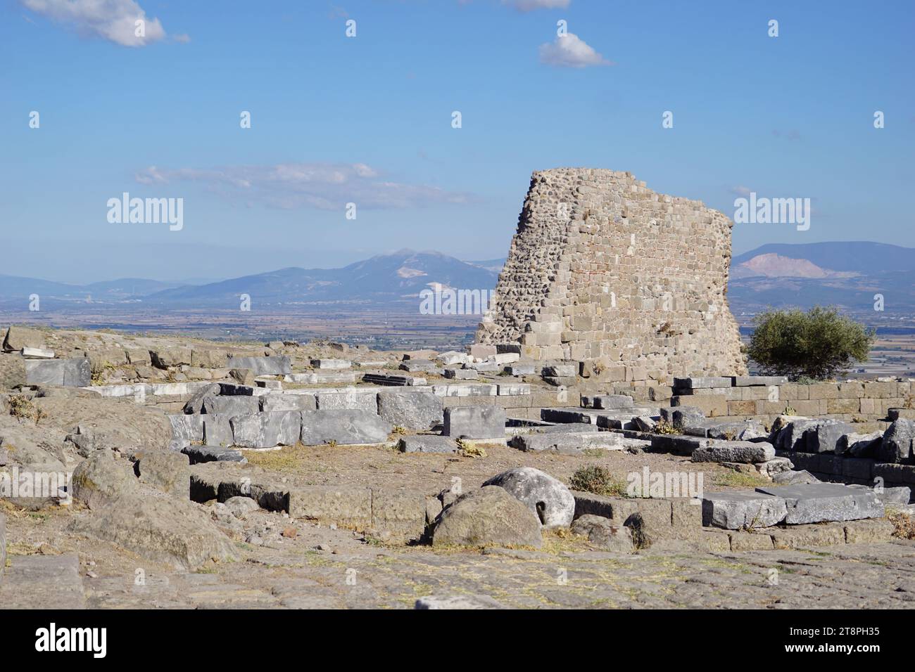 Bergama, située dans la province d'Izmir, dans l'ouest de la Turquie, est célèbre pour son coton, son or et ses tapis exquis. Autrefois le noyau culturel de Pergame à l'époque grecque et romaine antique, cette ville riche en ruines antiques reste un attrait majeur pour les touristes. Notamment, son célèbre temple a trouvé une nouvelle maison dans le musée de Pergame à Berlin, en Allemagne. Bergama possède des ruines remarquables comme le Sanctuaire Asclépios, un temple de dieu guérisseur, un théâtre grec et le complexe de la Basilique Rouge ('Kizil Avlu' en turc) Banque D'Images