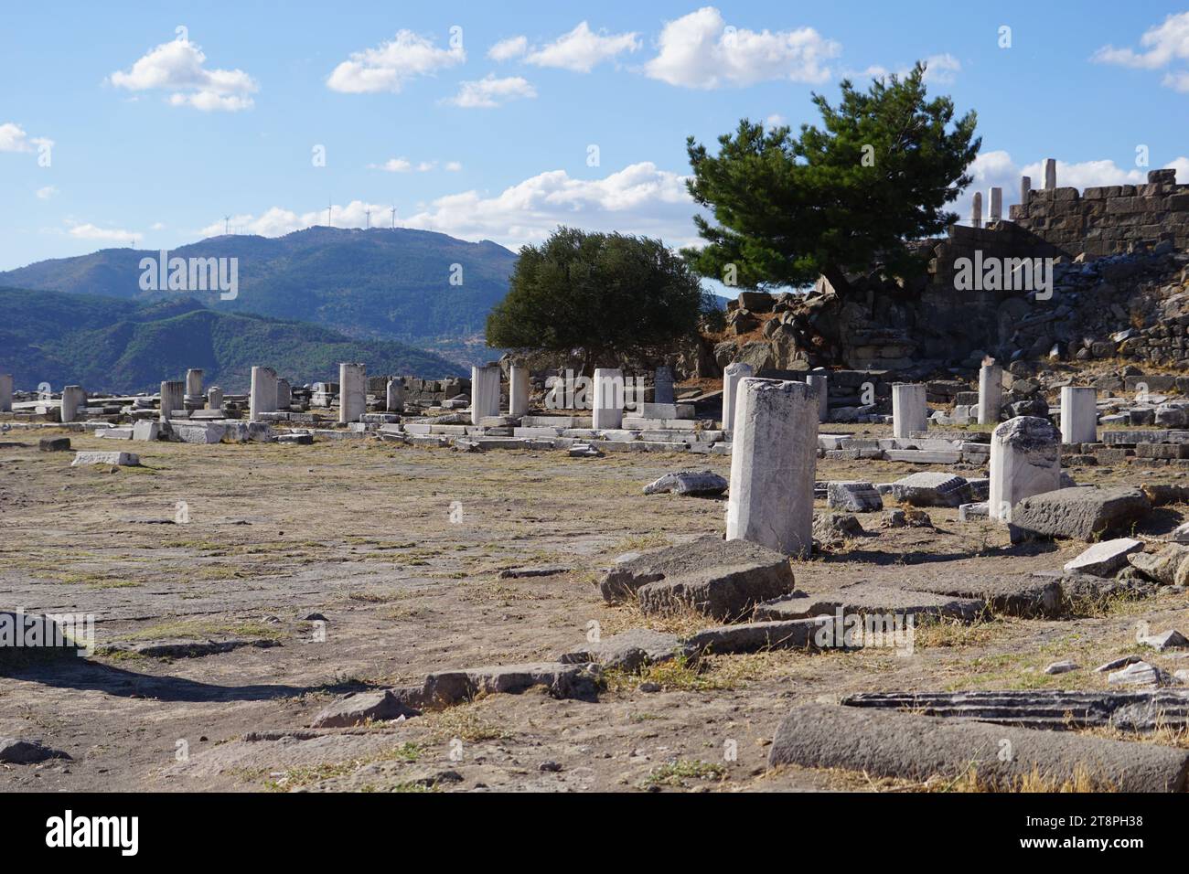 Bergama, située dans la province d'Izmir, dans l'ouest de la Turquie, est célèbre pour son coton, son or et ses tapis exquis. Autrefois le noyau culturel de Pergame à l'époque grecque et romaine antique, cette ville riche en ruines antiques reste un attrait majeur pour les touristes. Notamment, son célèbre temple a trouvé une nouvelle maison dans le musée de Pergame à Berlin, en Allemagne. Bergama possède des ruines remarquables comme le Sanctuaire Asclépios, un temple de dieu guérisseur, un théâtre grec et le complexe de la Basilique Rouge ('Kizil Avlu' en turc) Banque D'Images