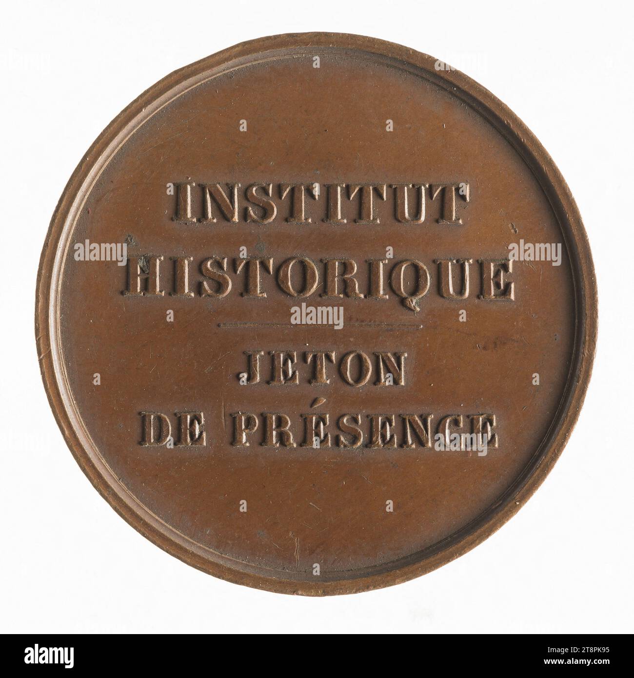 Jeton de présence à l'Institut Historique, 19e siècle, Numismatique, jeton (numismatique), cuivre, dimensions - travail : diamètre : 3,4 cm, poids (dimension type) : 17,43 g. Banque D'Images