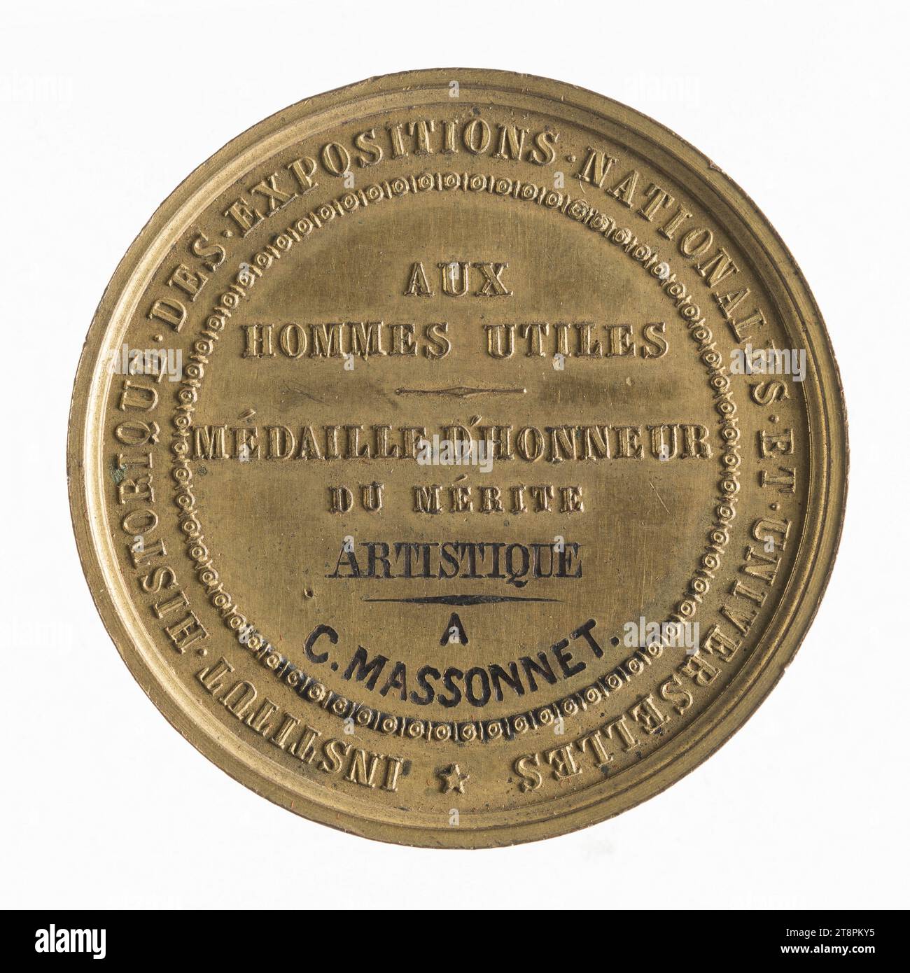 Médaille d'honneur du mérite artistique de l'Institut Historique des Expositions universelles nationales, 1852, en 1852, Numismatique, Médaille, cuivre, dorure = dorure, gravé = incisé, encre, Dimensions - oeuvre : diamètre : 3,4 cm, poids (dimension type) : 20,77 g. Banque D'Images