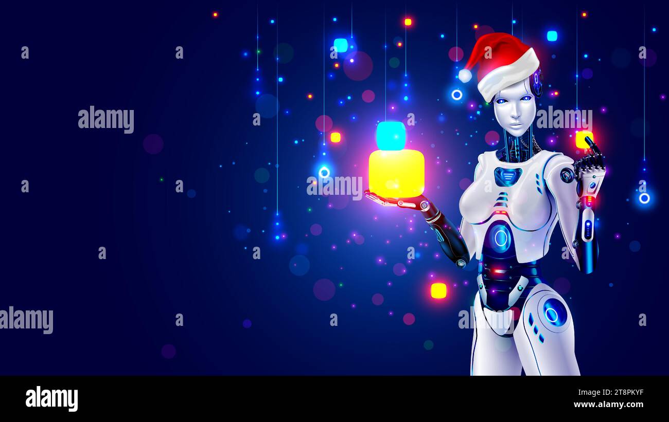 Belle femme robot dans le chapeau du Père Noël tient des cadeaux dans ses mains. Ai à l'image de femme cyborg ou bot de chat Internet donne des cadeaux pour Noël, New Yea Illustration de Vecteur