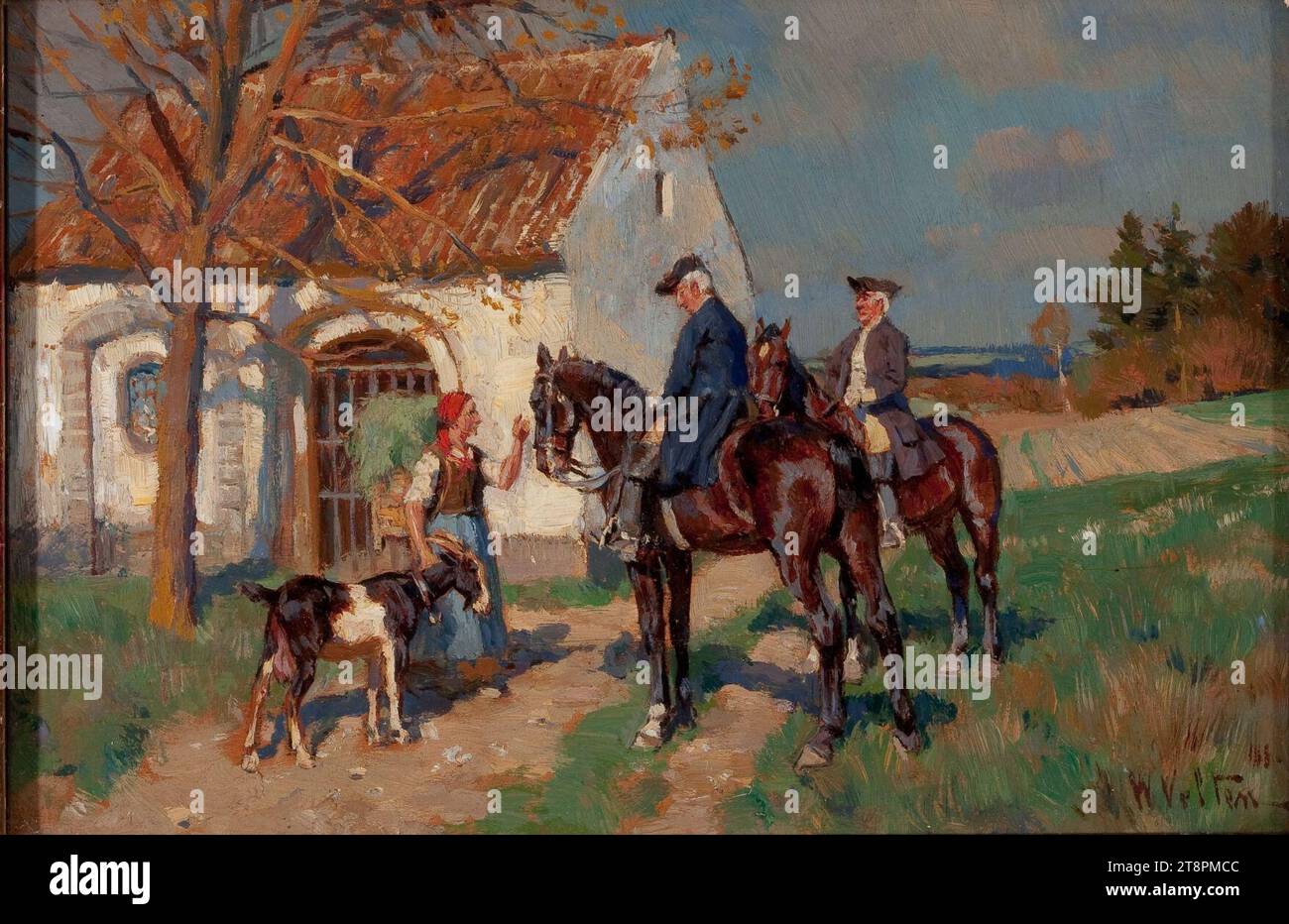 Wilhelm Velten - Ein Reiter unterhält sich mit einer Bäuerin. Banque D'Images