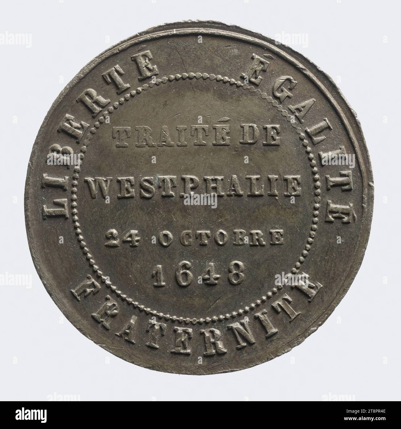 Anniversaire bisculaire du traité de Westphalie attaché l'Alsace a la France, 24 octobre 1848, Anonyme, graveur en médailles, en 1848, 19e siecle, Numismatique, Médaille, cuir blanc, Paris, dimensions - travail : diamètre : 2,8 cm, poids (taille du type) : 6,39 g. Banque D'Images