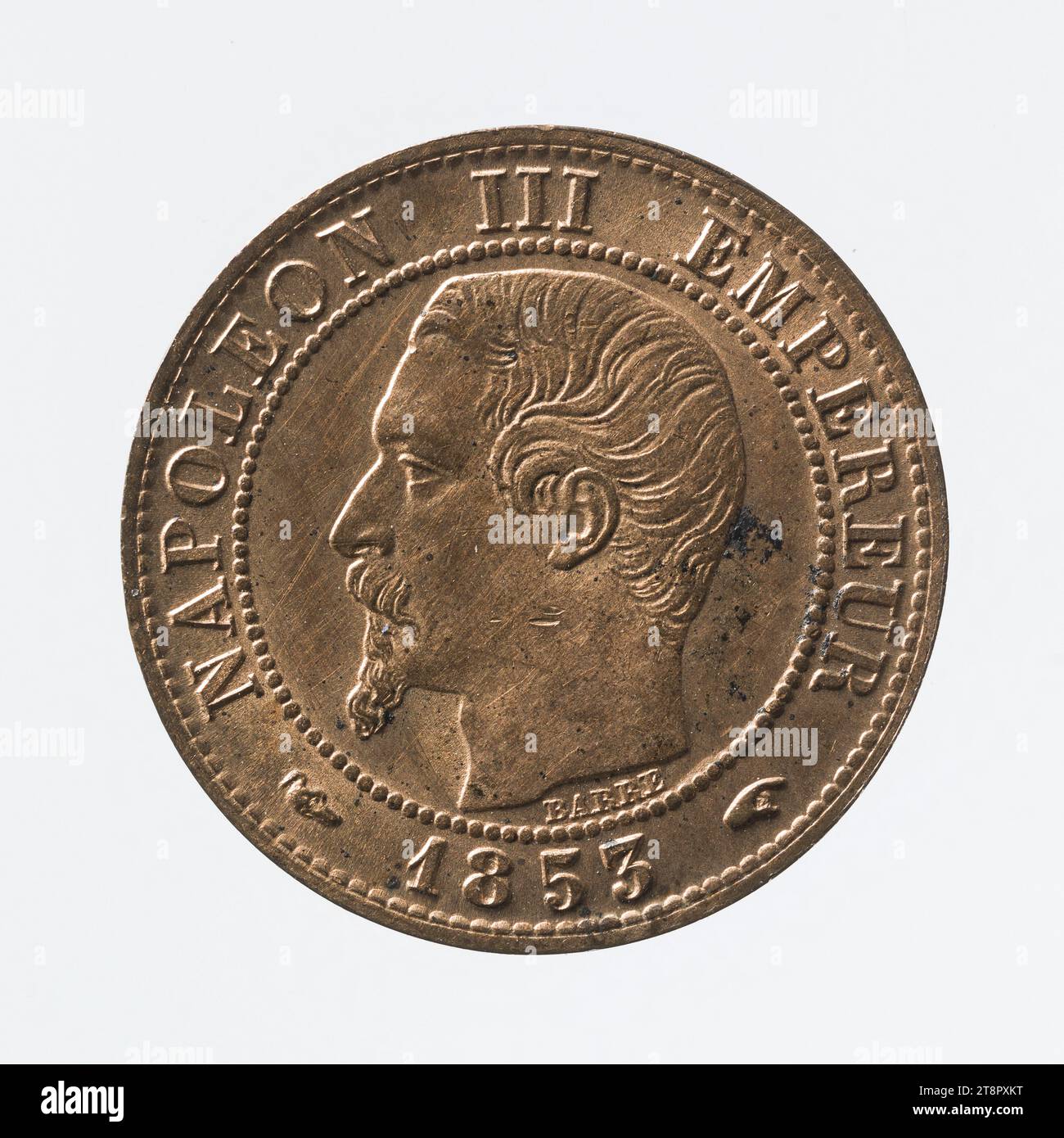 Pièce de 1 centime en cuivre de Napoléon III, 1853, barre, JacquesJean, graveur en médailles