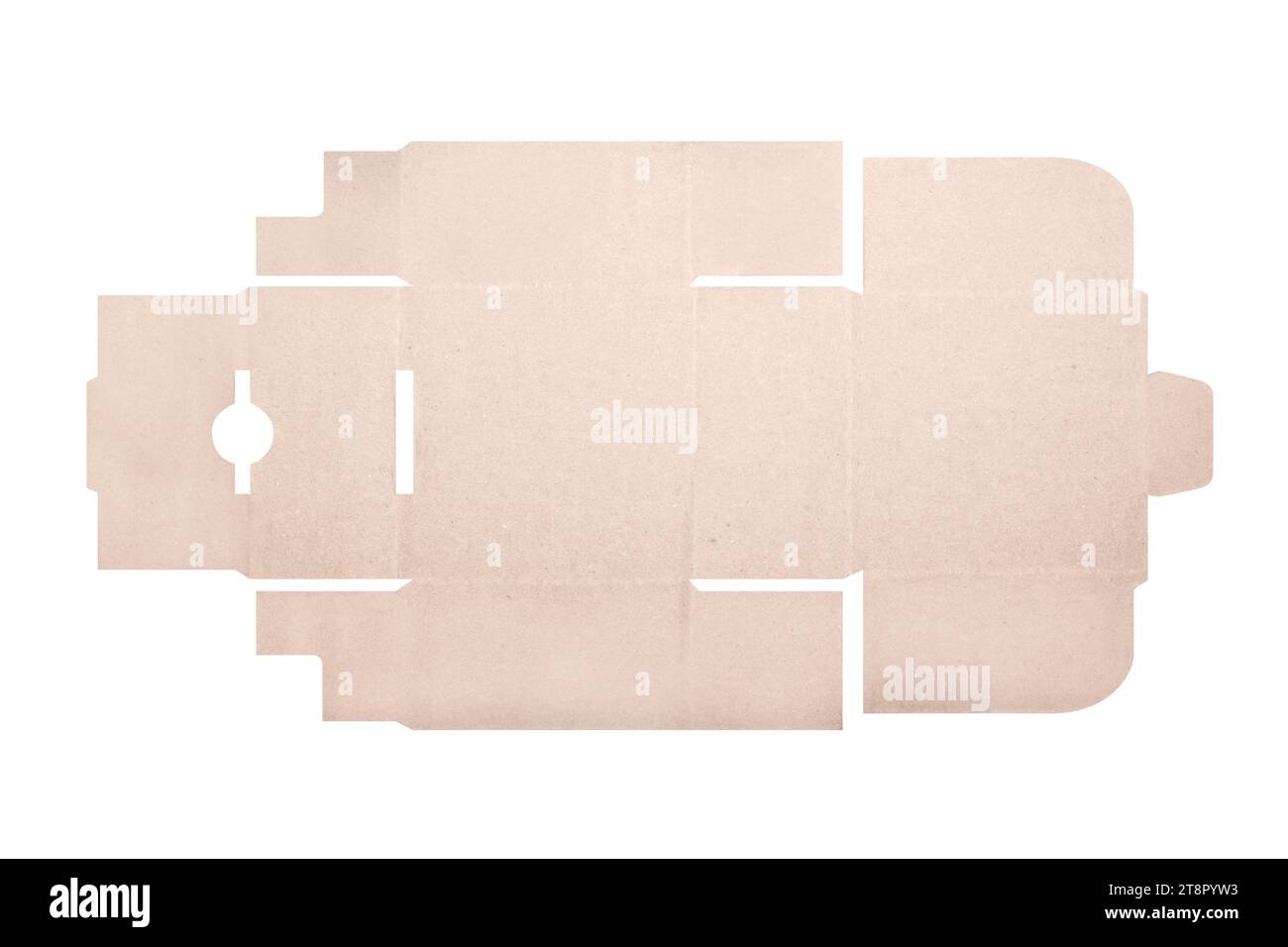 Modèle de maquette de boîte en carton avec motif découpé isolé sur fond blanc. Longueur 10cm x largeur 10cm x hauteur 5cm Banque D'Images