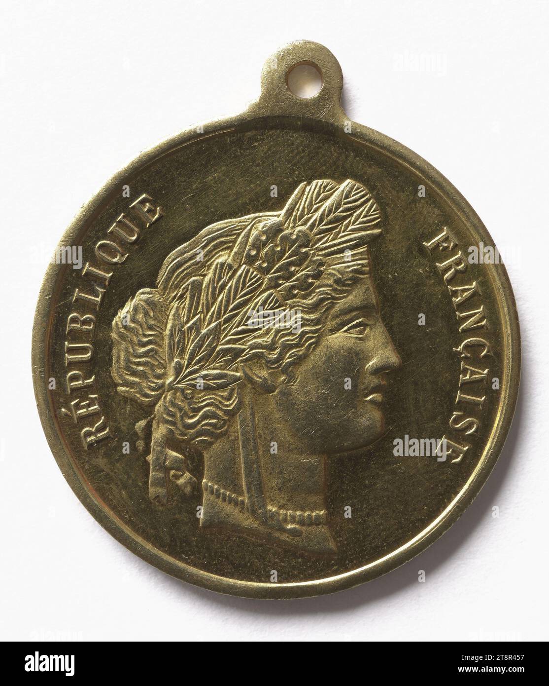 Souvenir du grand concours de pompiers et de fanfares à Argenteuil, le 23 juin 1878, en 1878, numismatique, médaille, cuivre, doré = dorure, Dimensions - travail : diamètre : 3,3 cm, poids (dimension type) : 9,29 g. Banque D'Images