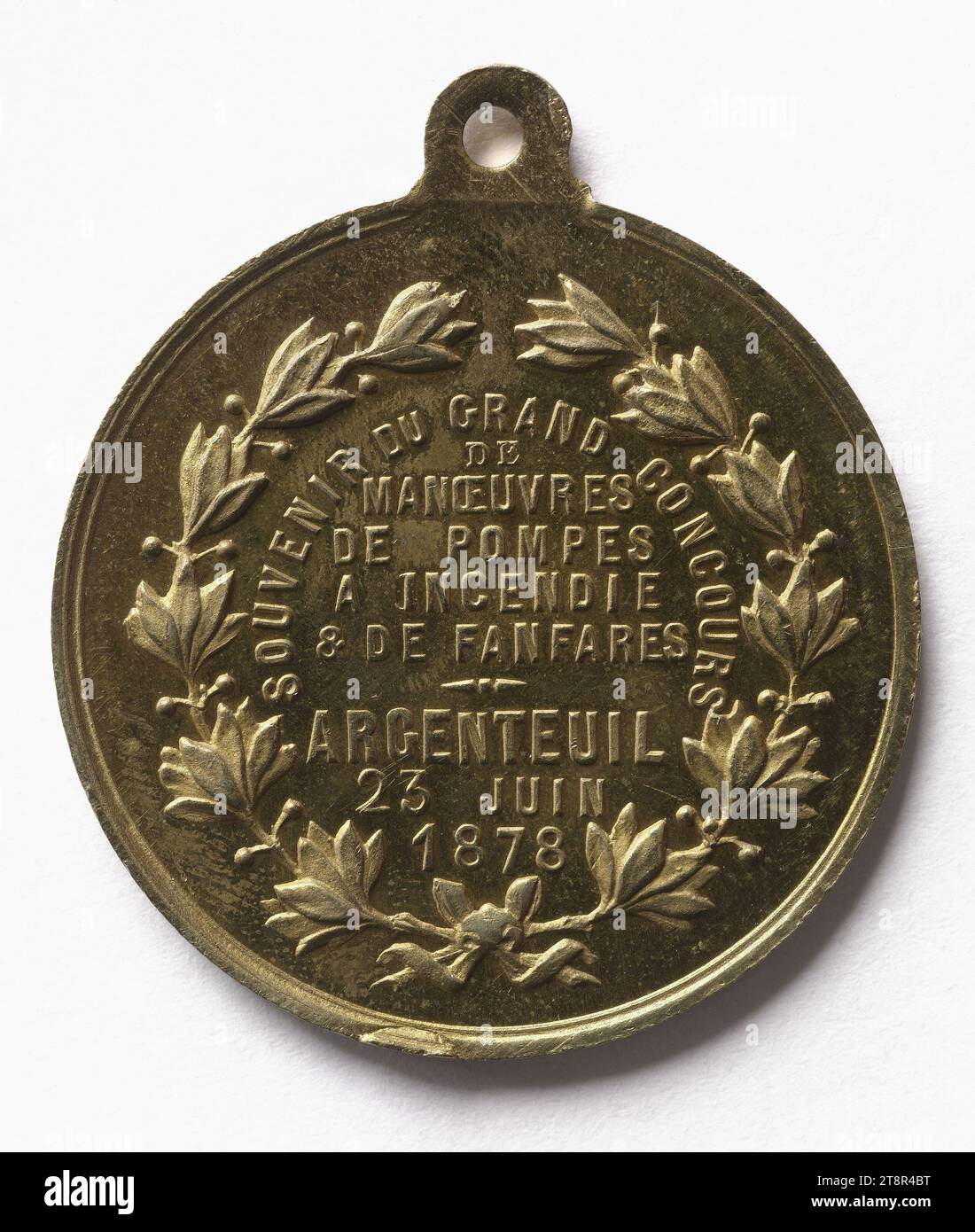 Souvenir du grand concours de pompiers et de fanfares à Argenteuil, le 23 juin 1878, en 1878, numismatique, médaille, cuivre, doré = dorure, Dimensions - travail : diamètre : 3,3 cm, poids (dimension type) : 9,29 g. Banque D'Images