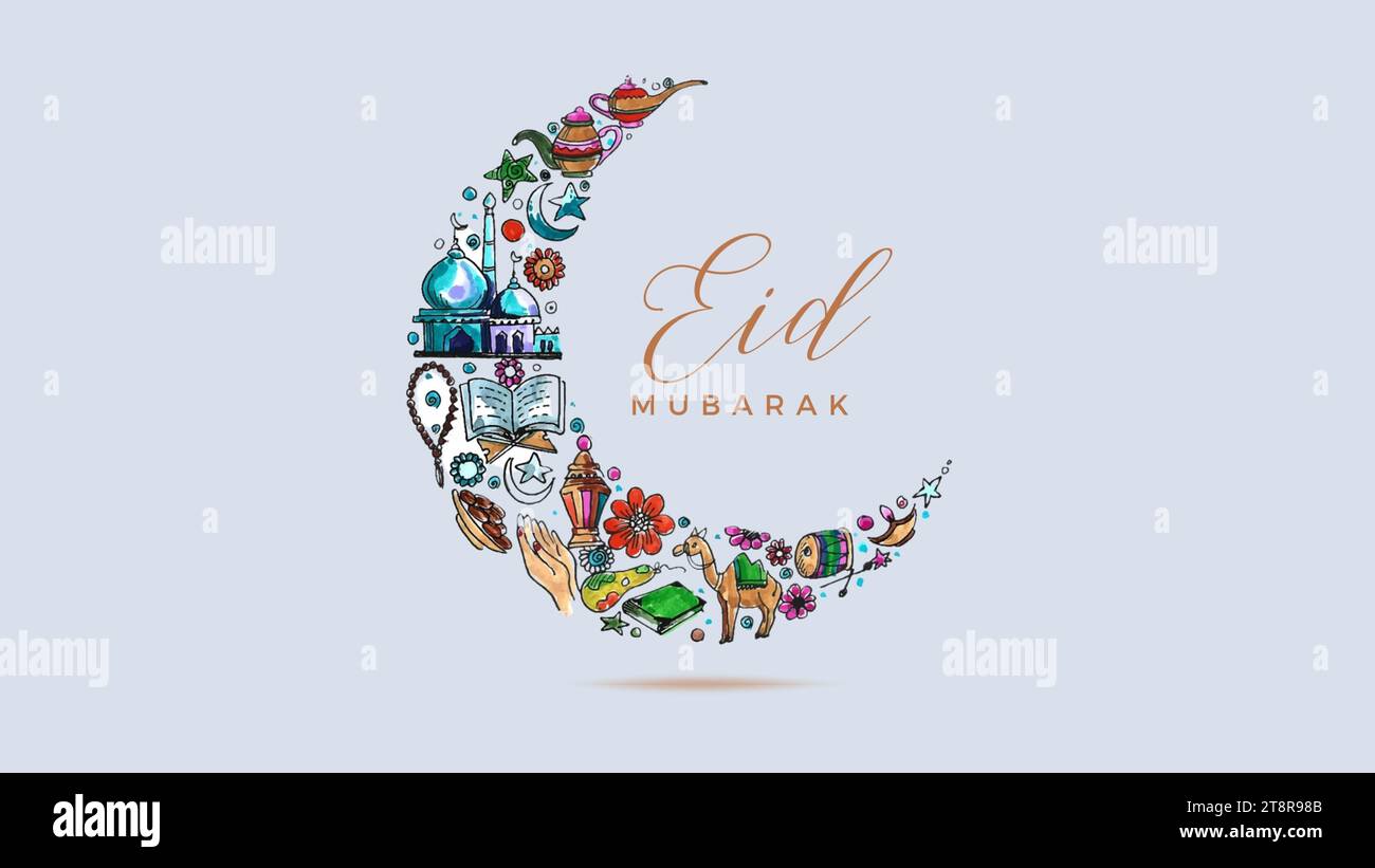 EID MUBARK MUSIM ÉVÉNEMENT ÉCRIT EN ANGLAIS CALLIGHRAPHY Creative Moon rempli de caractères isolés sur fond JAUNE. Illustration de Vecteur