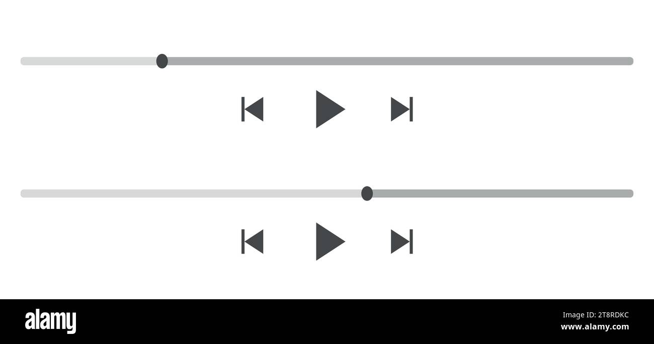 Vidéo, interface d'affichage de la barre de progression de lecture de musique. Progression du lecteur audio pour podcast, radio, playlist de chansons. Curseur d'icône vectorielle, lecture, boutons de retour. Illustration de Vecteur