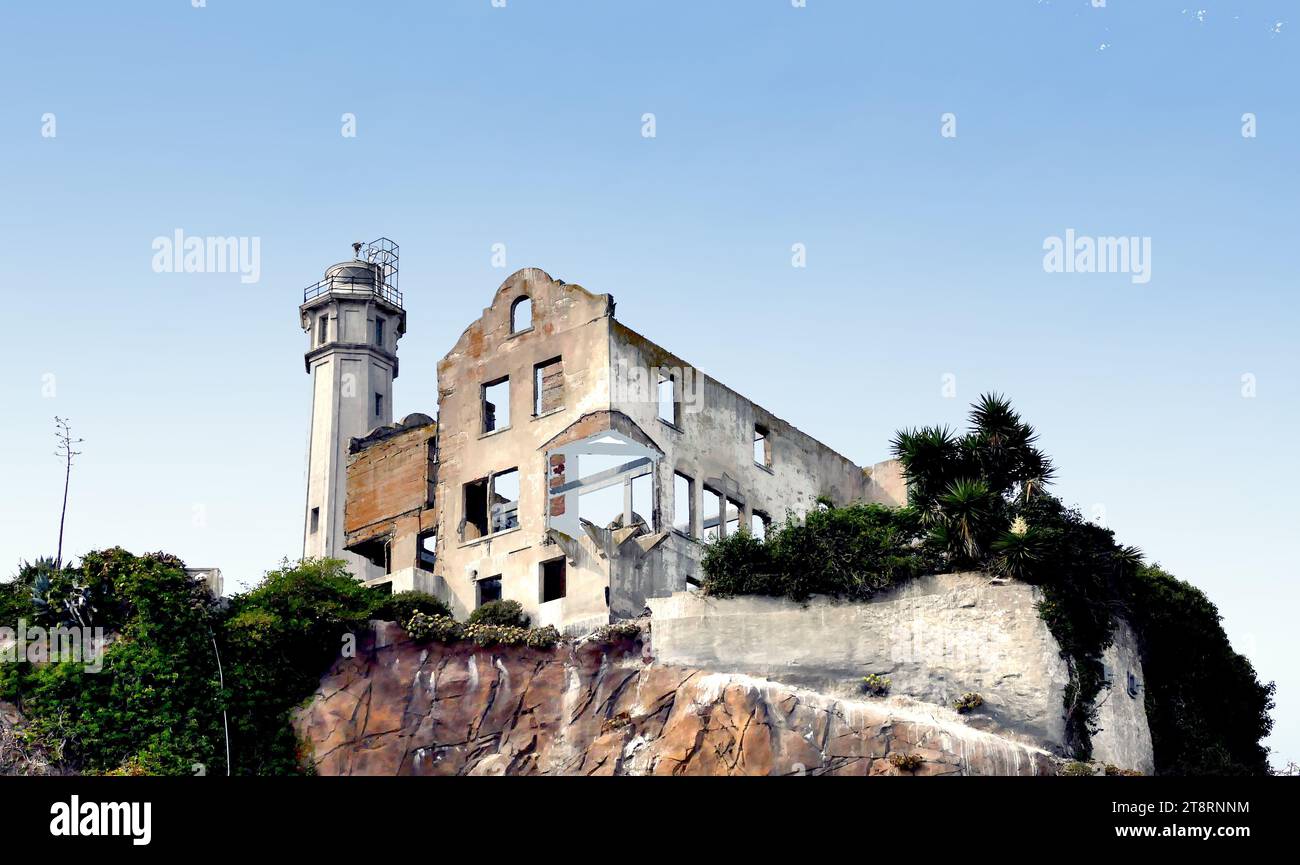 Wardenn's House (île d'Alcatraz), la Hoe House était la maison des gardiens du pénitencier fédéral sur l'île d'Alcatraz, au large de San Francisco. Il est situé à l'extrémité nord-est du main Cellblock, à côté du phare d'Alcatraz. Le manoir de 3 étages de 15 pièces a été construit en 1921 selon le panneau de signalisation de la zone récréative nationale du Golden Gate, bien que certaines sources disent qu'il a été construit en 1926 ou 1929 et comptait 17 ou 18 chambres Banque D'Images