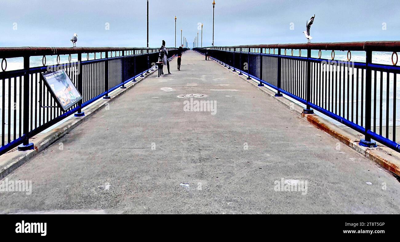 Lignes convergentes, il y a eu deux New Brighton Piers à New Brighton, en Nouvelle-Zélande. La première jetée, de construction en bois, ouvrit le 18 janvier 1894 et fut démolie le 12 octobre 1965. La jetée actuelle en béton a été ouverte le 1 novembre 1997. C'est l'une des icônes de Christchurch, en Nouvelle-Zélande Banque D'Images