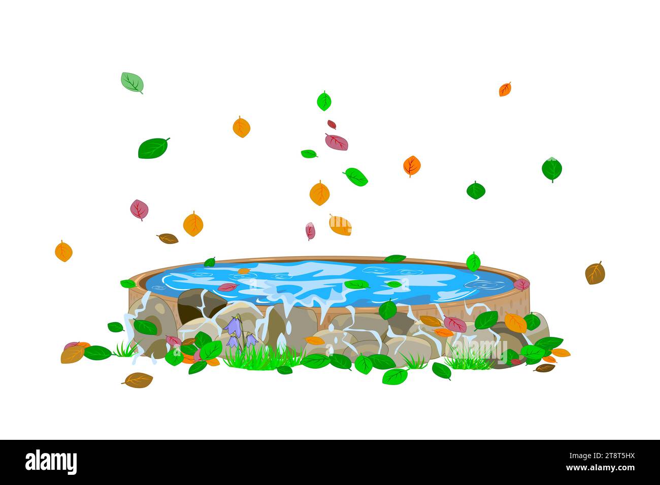 Petit étang avec des feuilles d'automne tombantes. Petit étang ornemental avec de l'eau et des pierres. Elément de jardin japonais. Eau dans le puits. Illustration vectorielle Illustration de Vecteur