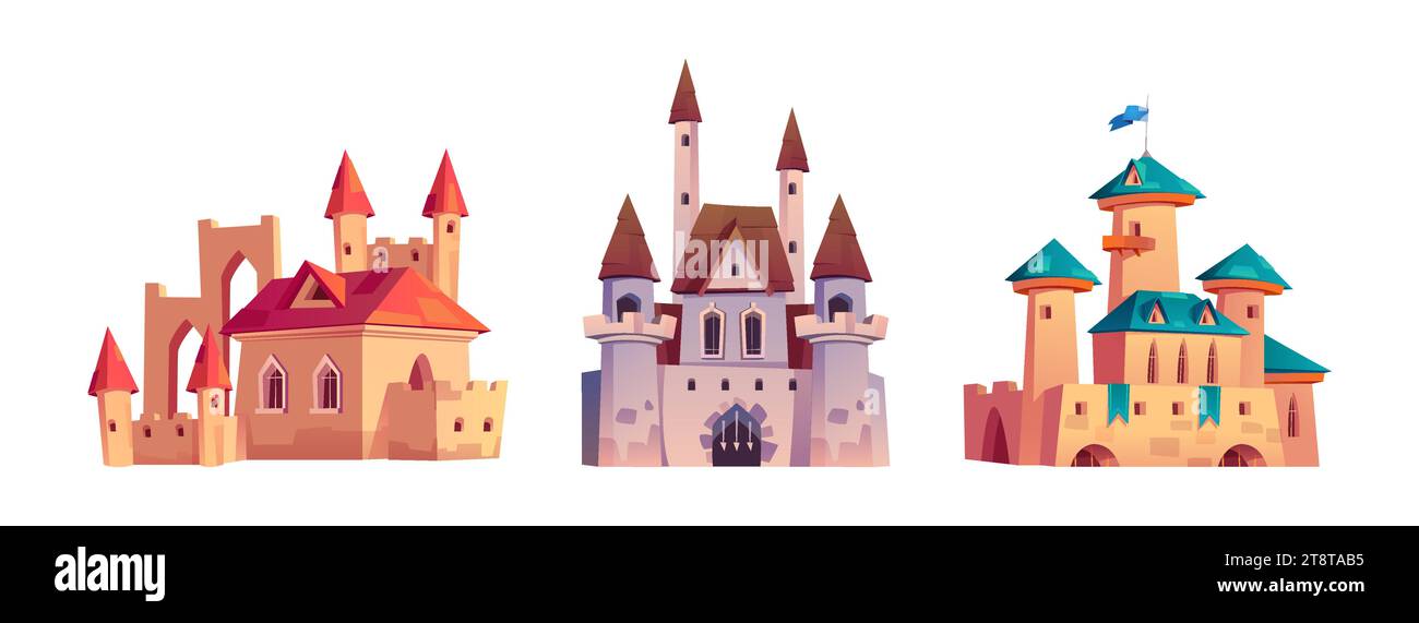 Ensemble de châteaux médiévaux isolés sur fond blanc. Illustration de dessin animé vectoriel de palais de royaume de conte de fées avec des tours, de vieilles forteresses royales avec Illustration de Vecteur