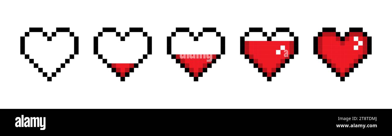 Ensemble d'icônes de ligne de coeur rouge. Emoji, Saint Valentin, relations, amour, vie, santé, jeu, traitement, applications, style pixel icône multicolore activée Illustration de Vecteur