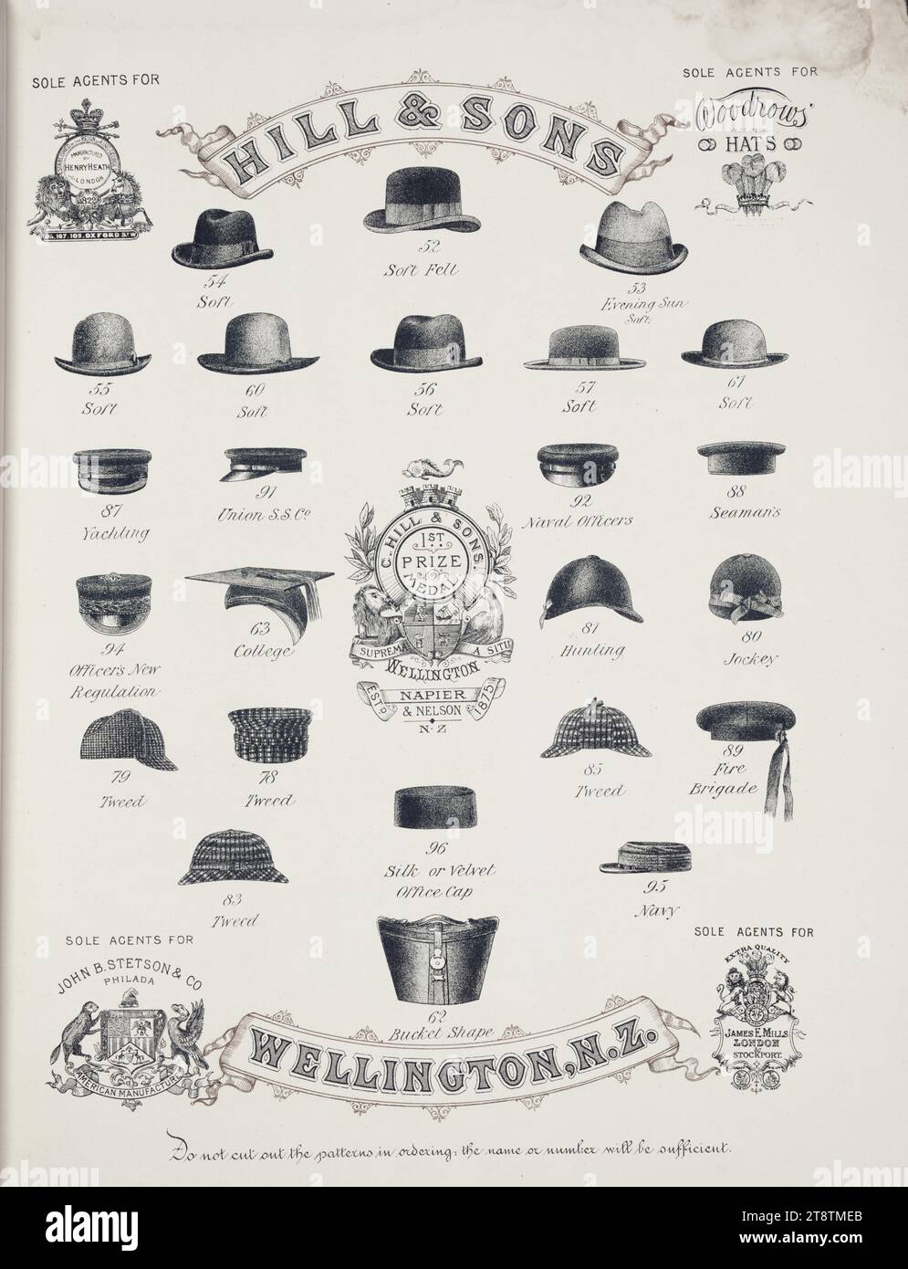 Charles Hill & Sons Ltd : Hill & Sons, mandataires uniques de Henry Heath London ; Woodrows Hats ; John Stetson & Co Philadelphia ; James E Mills London. Page Catalogue . Numéros de modèle 54 à 95. 1897, montre 24 chapeaux, y compris doux, feutre doux, soleil du soir doux, yachting, Union S.S.Co, officiers de marine, marins, nouveau règlement des officiers, collège, chasse, jockey, tweed, pompiers, marine, forme de seau Banque D'Images