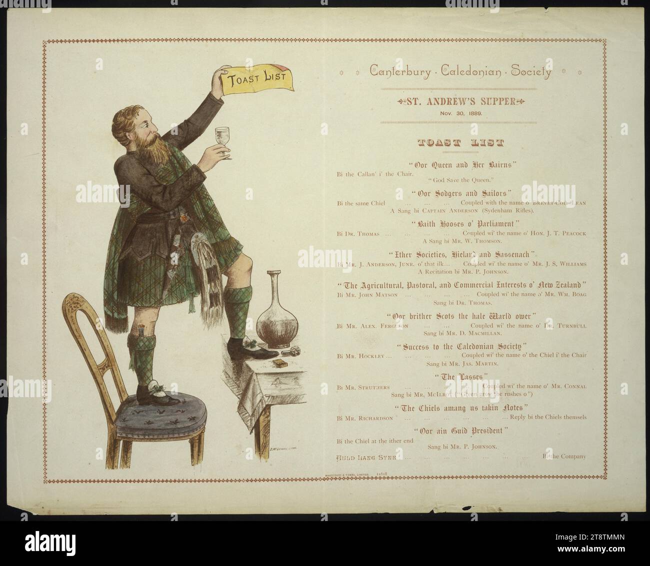 Canterbury Caledonian Society : Canterbury Caledonian Society St Andrew's souper, 30 novembre 1889. Liste des toasts. D McLennan, litho. Whitcombe & Tombs Limited, 14618. 1889, montre un Écossais barbu portant un kilté. Il se tient debout avec un pied sur une chaise et l'autre pied sur une table, avec son verre levé, proposant un toast. À droite se trouve une liste des toasts et de ceux qui les proposent, ainsi que les interprètes des objets de divertissement. Ceux-ci comprennent : brevet-Col Lean, Captain Anderson (Sydenham Rifles), Hon J T Peacock, Dr Thomas, M. W Thomson, M. J Anderson jnr, M. J S Williams, M. P Johnson, M. John Matson Banque D'Images