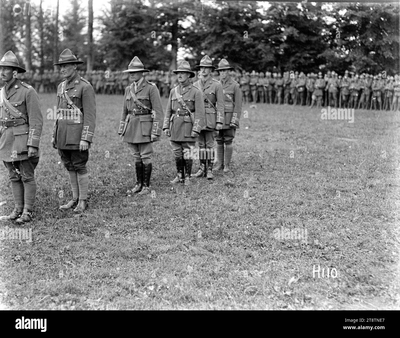 La présentation de médailles aux officiers de la division néo-zélandaise de la première Guerre mondiale montre certains des officiers de la division néo-zélandaise décorés par le général Godley. Photographie prise le 8 juillet 1917 Banque D'Images