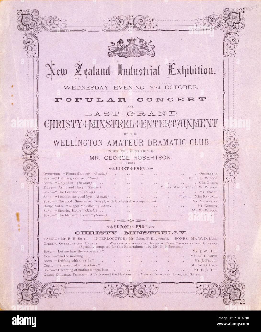 Exposition industrielle de Nouvelle-Zélande : mercredi soir, 21 octobre. Concert populaire et dernier grand Christy Minstrel Entertainment par le Wellington, Nouvelle-Zélande amateur Dramatic Club sous la direction de M. George Robertson. Dépliant du programme. 1885, un arrangement de texte avec une bordure décorative. Les artistes comprenaient : M. E L Widdop, Mlle Grant, M. Maginnity, M. Engel, Mlle Randall, M. Godden, M. W. Widdop, M. J. A. Todd. Au sein de la section Christy Minstrelsy, les interprètes comprenaient M. E. H. Smith (en tant que Tambo), M. Cecil F. Keyworth (en tant qu'interlocuteur), M. W. D. Lyon (en tant que Bones), ainsi que M. J. W. Hill et M. E. H. Smith Banque D'Images