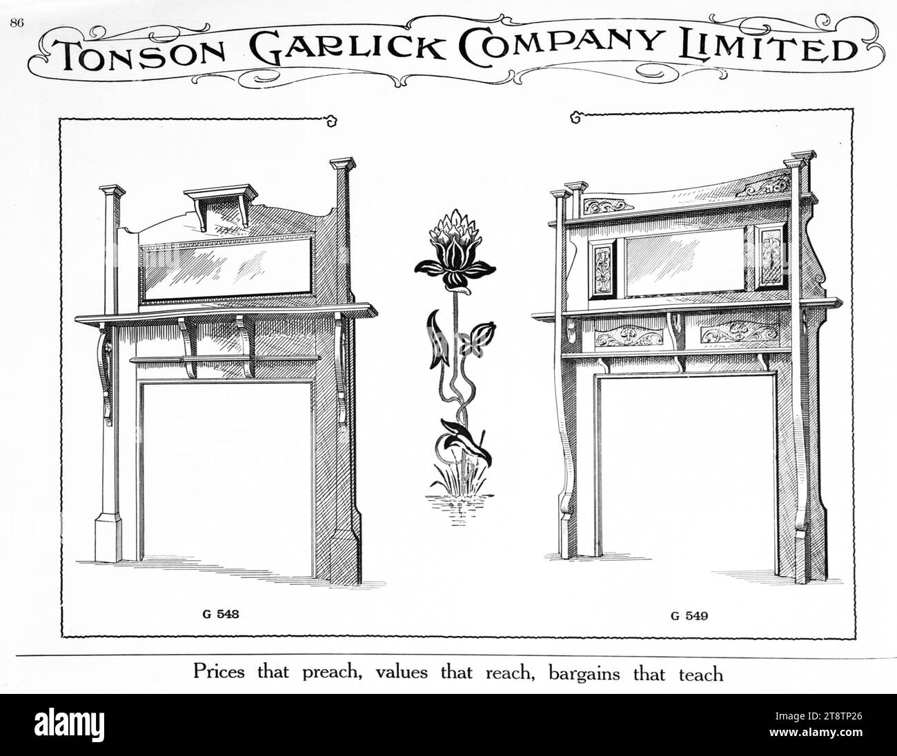 Tonson Garlick Co : cheminée en bois et entourage de feu. CA 1910, montre deux des modèles disponibles, avec des étagères, des miroirs, des incrustations Art nouveau et un design floral Art nouveau au centre de la page Banque D'Images