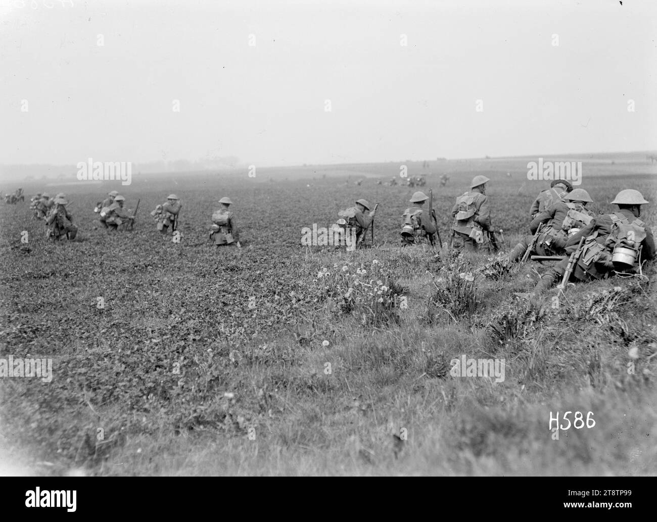 Troupes néo-zélandaises pratiquant une attaque, France, troupes néo-zélandaises pratiquant une attaque pendant la première Guerre mondiale Montre des soldats avançant en ligne sur des champs plats près de bus-les-Artois, France. Photographie prise l1 mai 1918 Banque D'Images