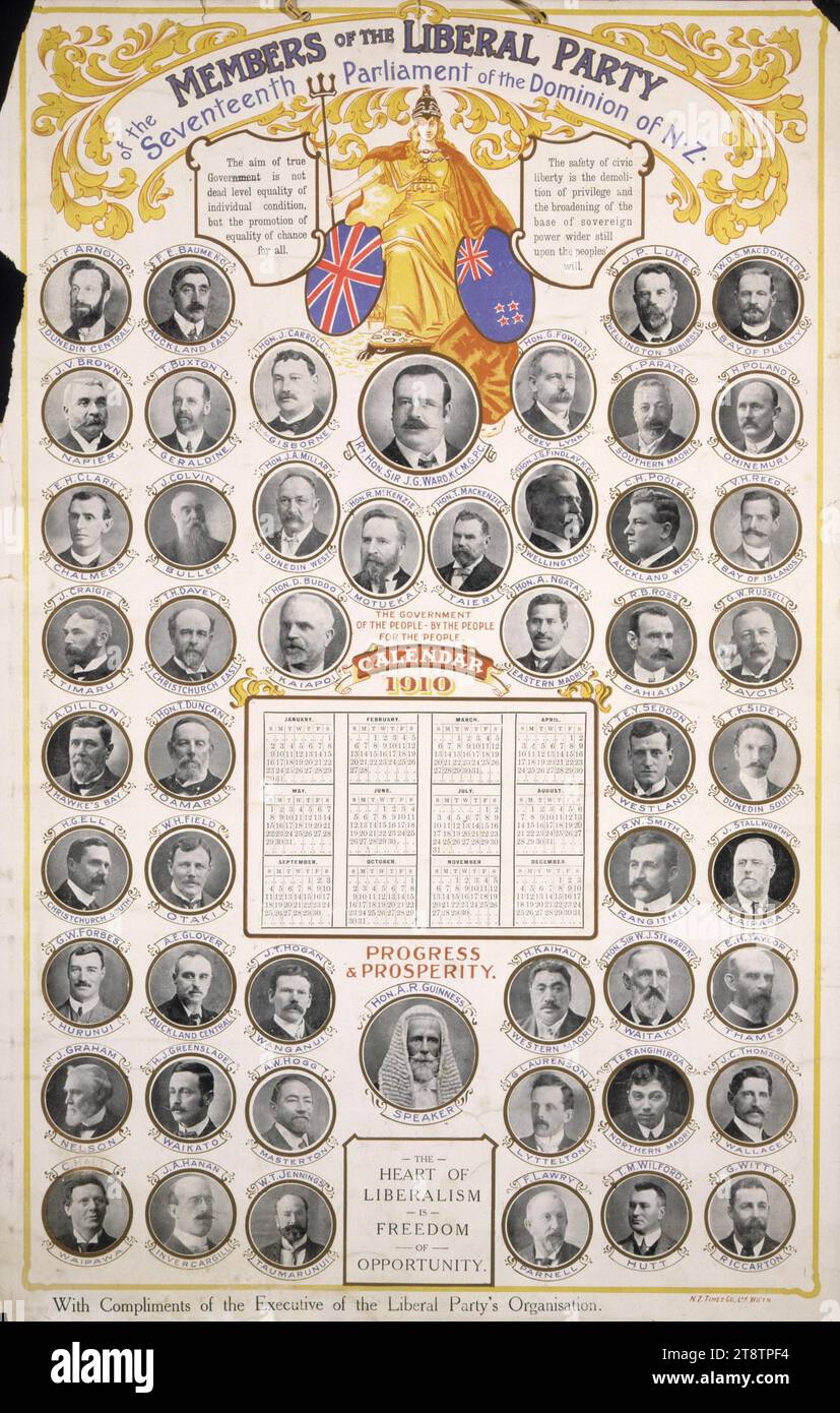 Parti libéral : membres du Parti libéral du dix-septième Parlement du Dominion de Nouvelle-Zélande. Calendrier, 1910. N. Z. Times Co, Ltd, WG'tn, montre des portraits de 52 députés, autour d'un calendrier pour 1910. Au sommet se trouve une figure féminine allégorique (Britannia ou Zealandia) avec des boucliers montrant des drapeaux néo-zélandais et britanniques Banque D'Images