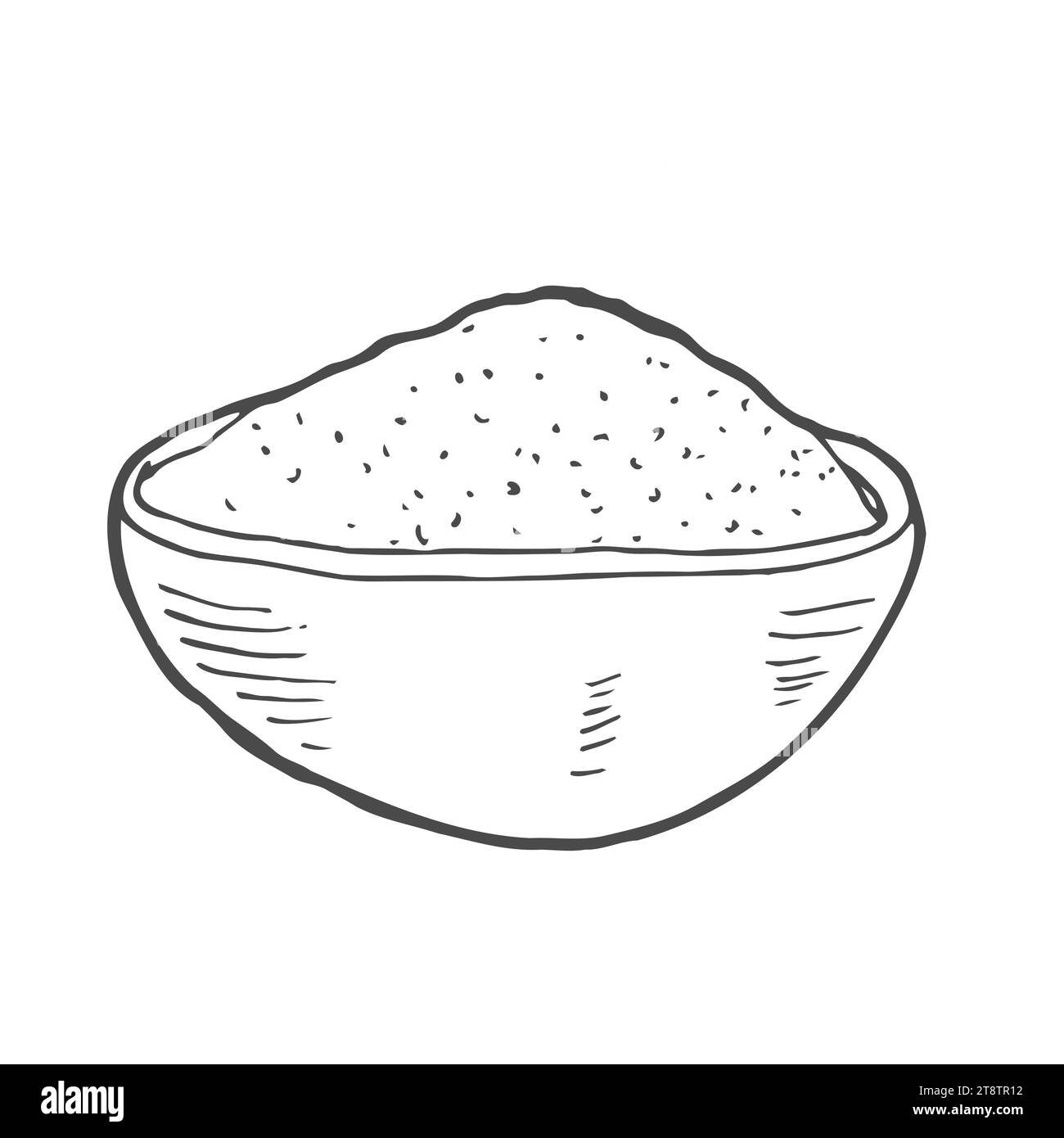 Bol en bois avec de la nourriture - croquis farine, riz, sel de mer, spiruline, épice, pomme de terre, avoine, sucre, porridge, strach, curry. Illustration vectorielle dessinée à la main Doodle Illustration de Vecteur